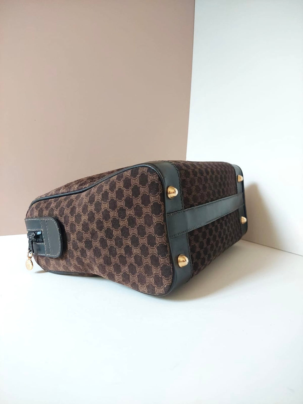 CELINE rare coffee color old flower leather Boston crossbody bag / side bag / handbag