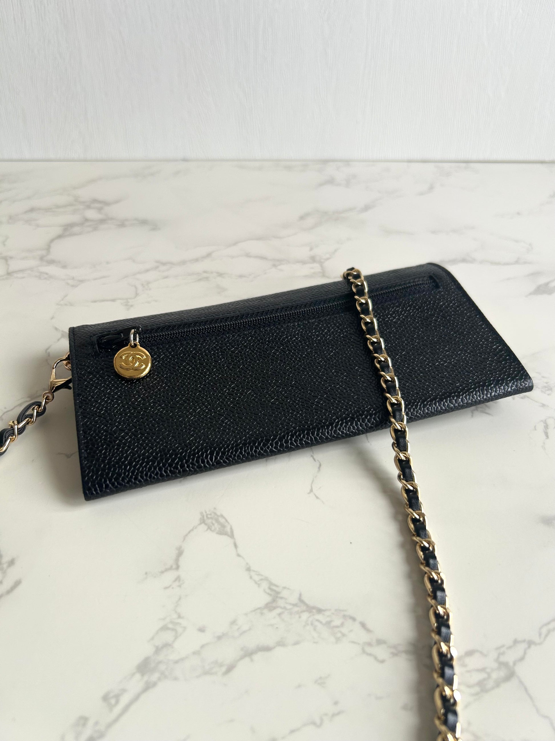 中古二手Chanel黑色魚子醬皮革WOC/側背包/斜背包/錢包