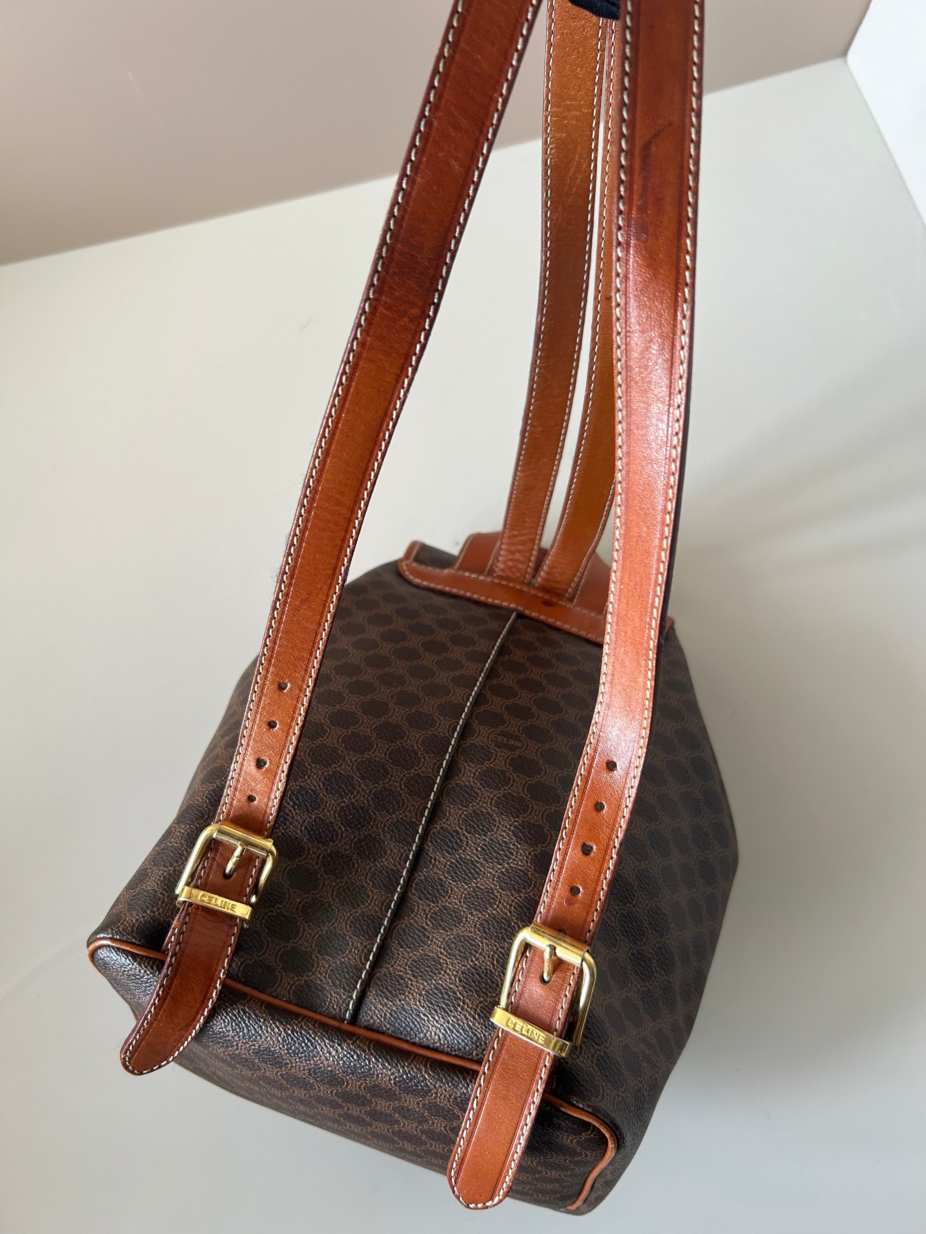 CELINE rare replica coffee color old flower gold buckle backpack / shoulder bag