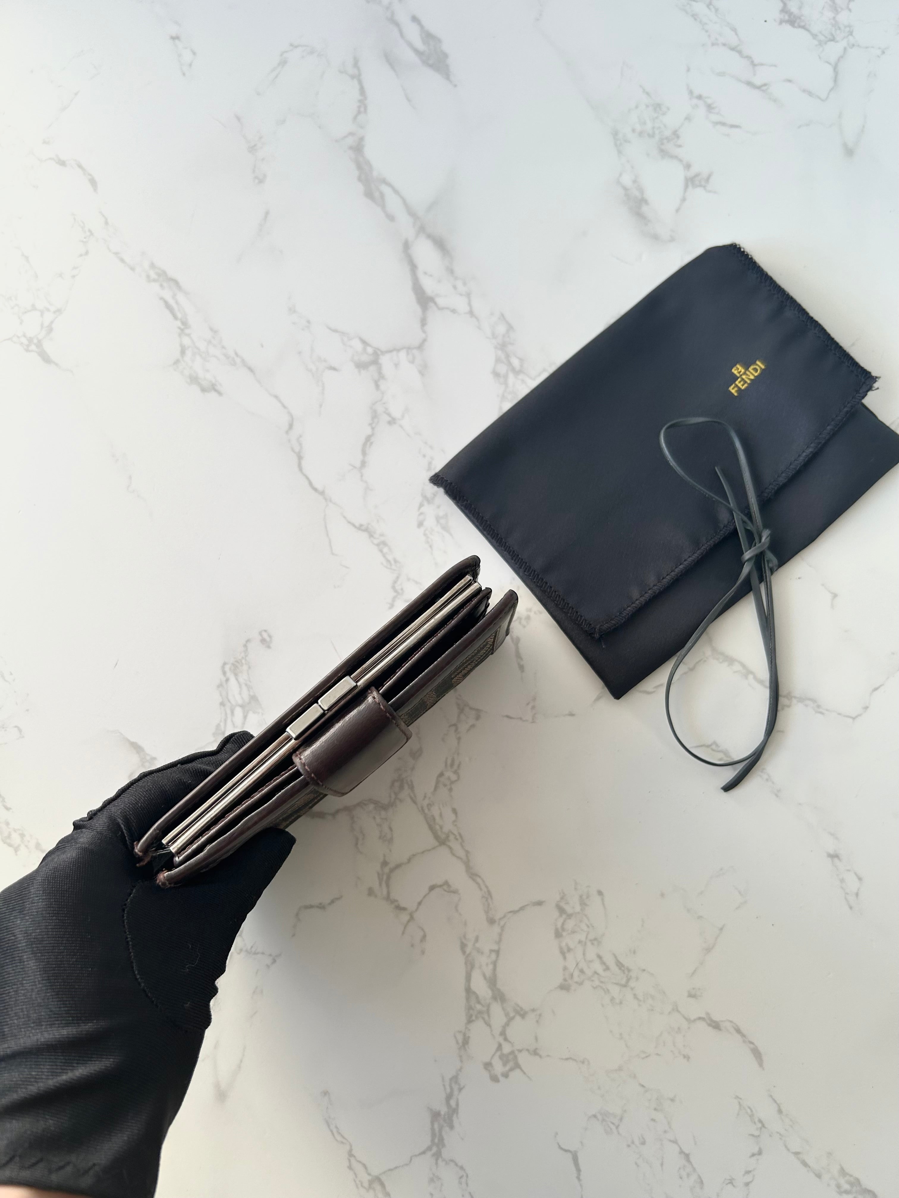 FENDI Zucchino Brown Monogram Bi-Fold Wallet/ Short Clip/ Coin Purse