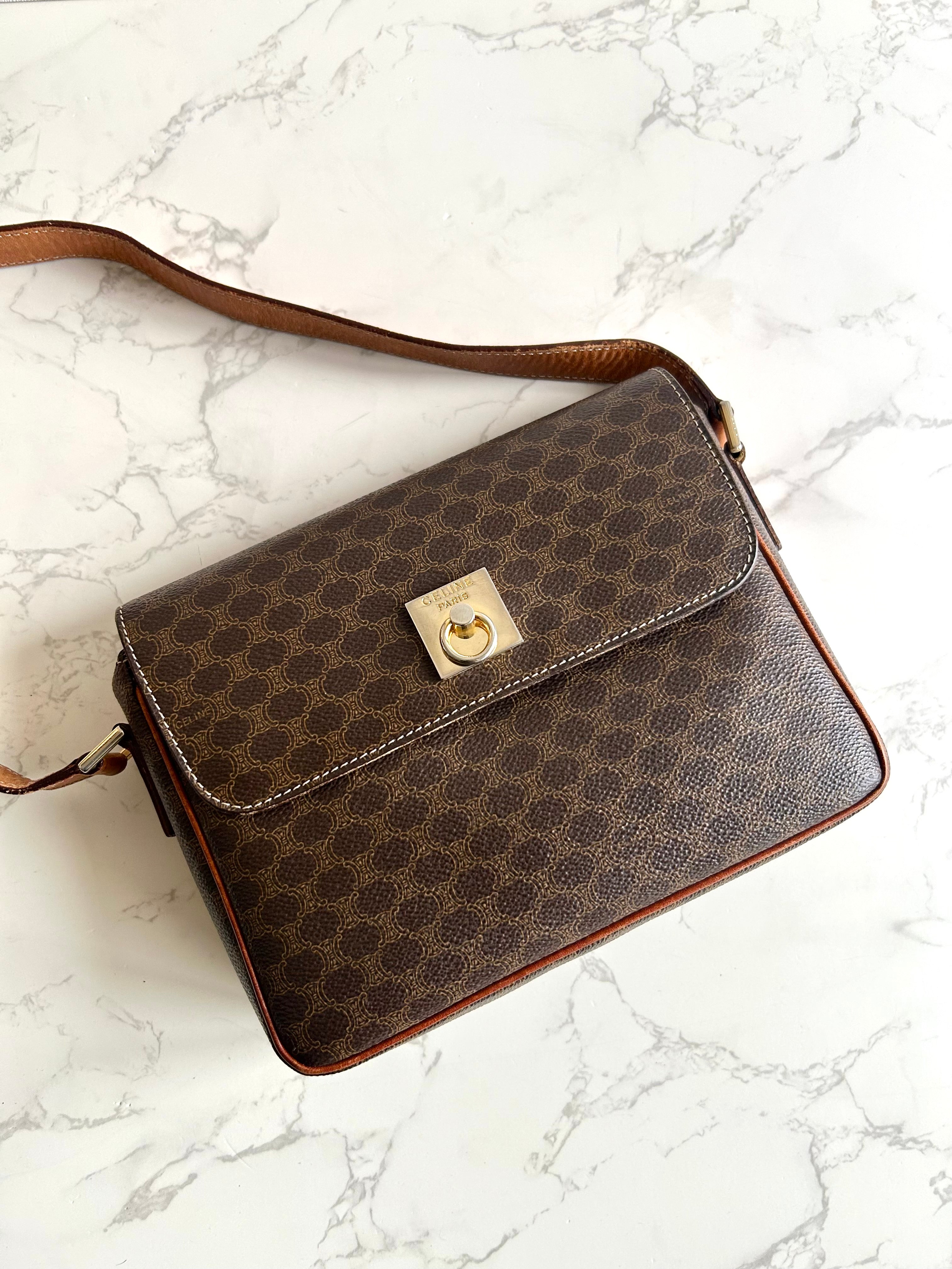 CELINE 咖啡色老花金扣豆腐盒子包/側背包/斜背包