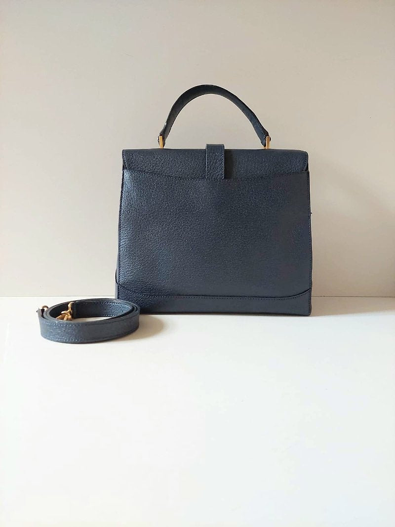 CELINE rare dark blue gold square buckle Kelly leather side bag / crossbody bag / handbag