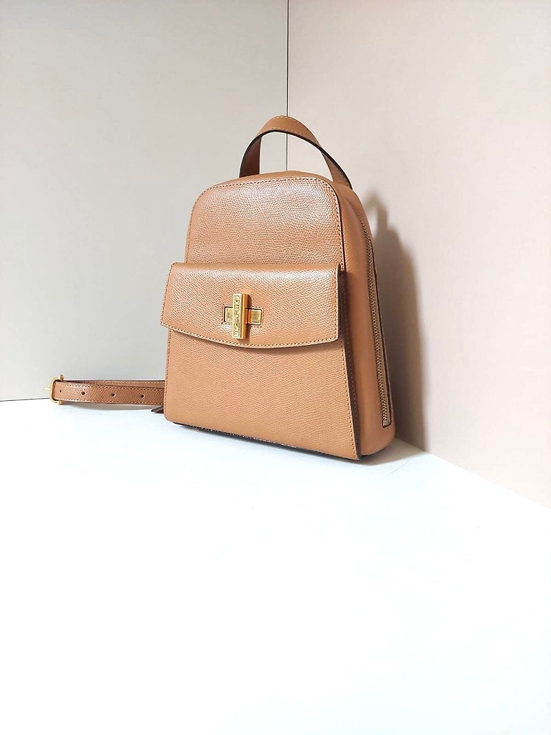 CELINE rare caramel brown cross rotating gold buckle leather small backpack / rucksack / backpack