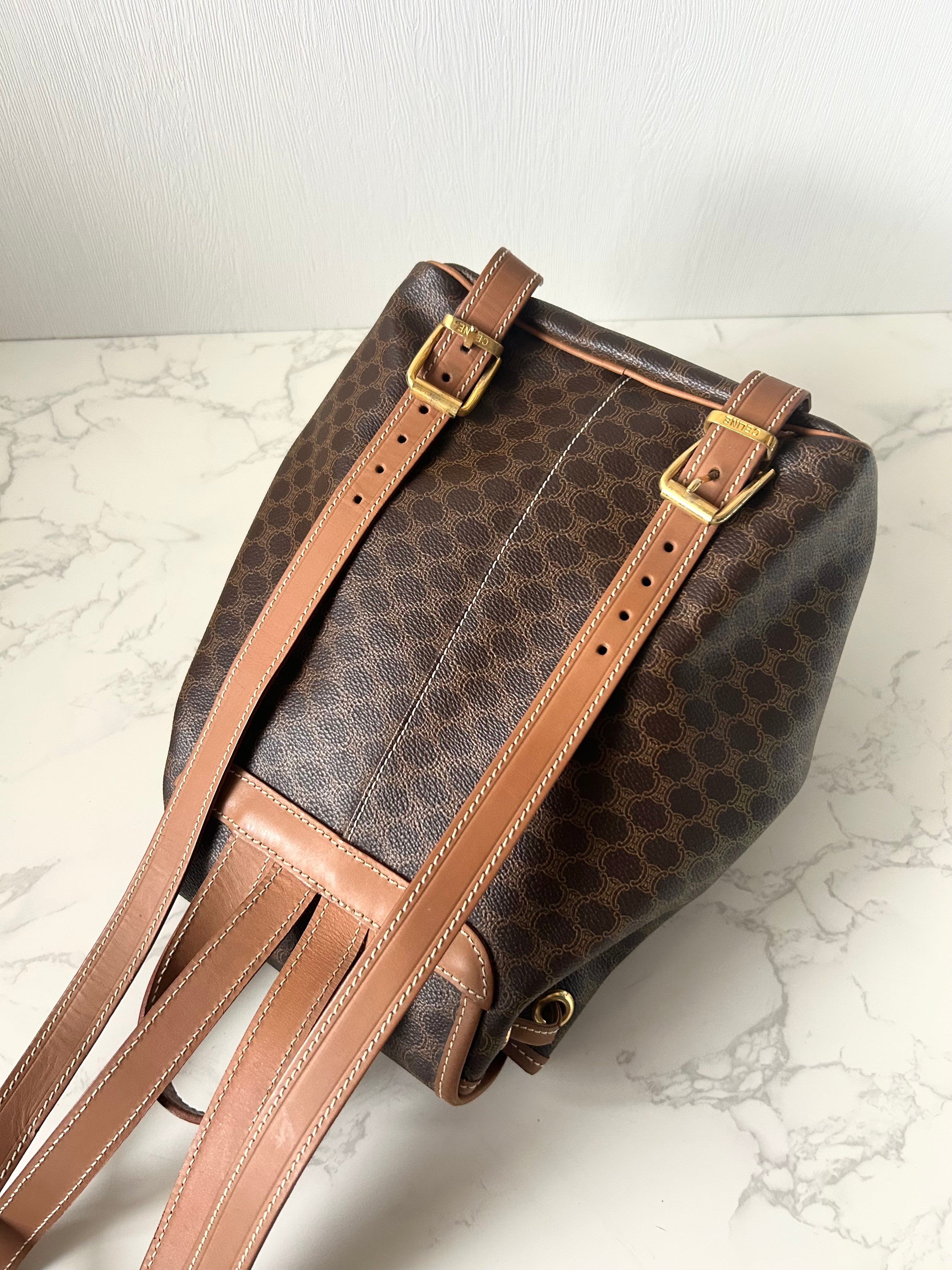CELINE Rare Brown Monogram Flap Leather Backpack