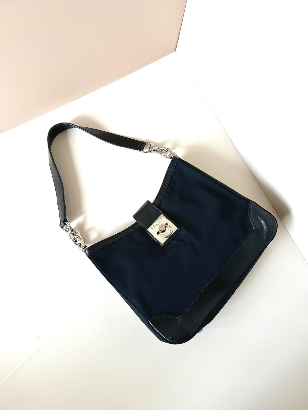 CELINE rare black silver ring patchwork leather Blason side backpack / shoulder bag