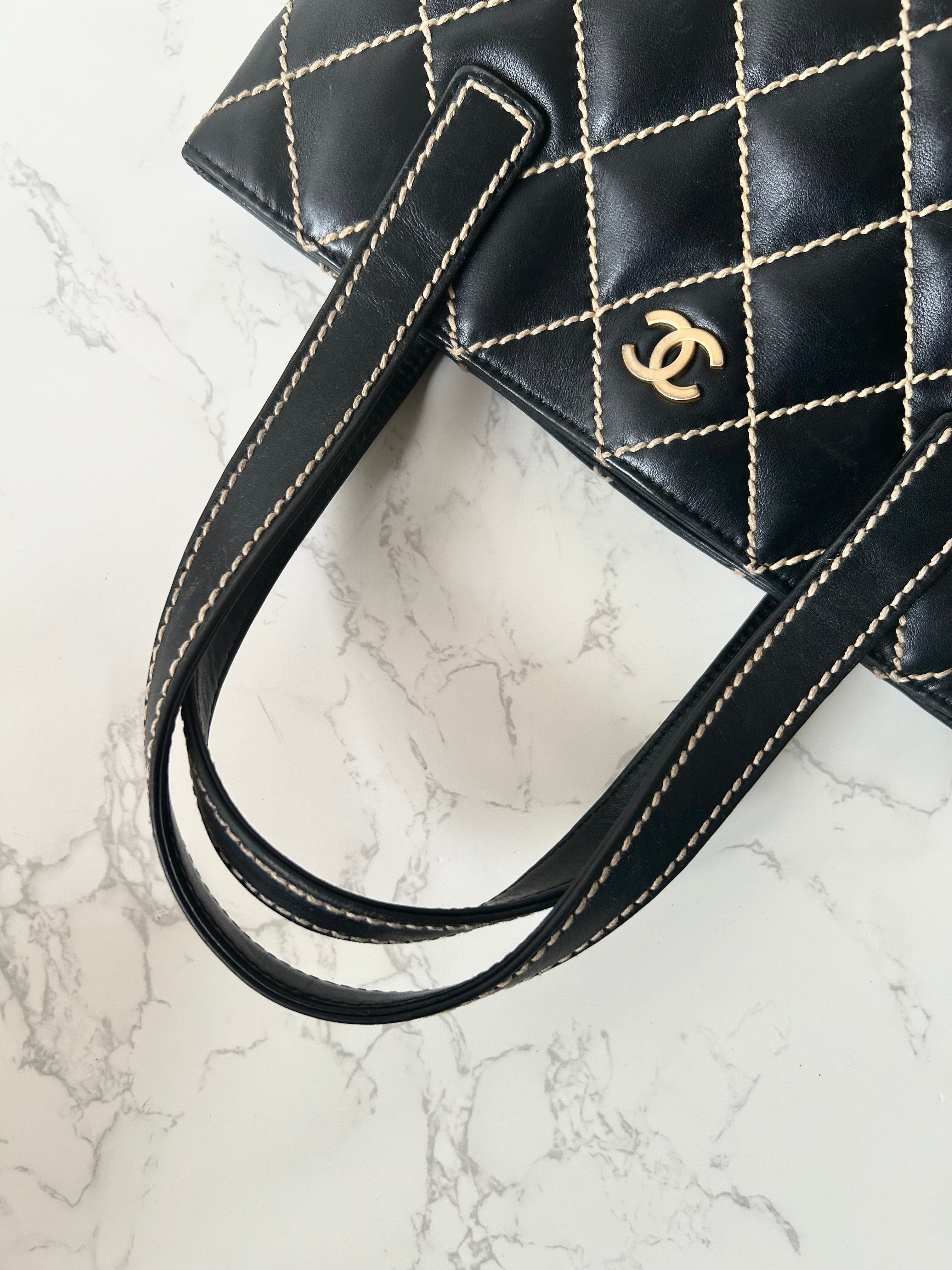 CHANEL Wild Stitch Vivian black gold label small tote bag / side bag