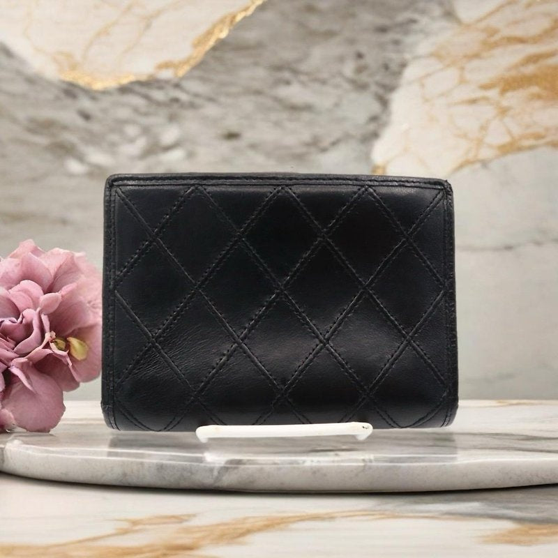 CHANEL rare black lambskin leather large gold buckle gold label short wallet / wallet