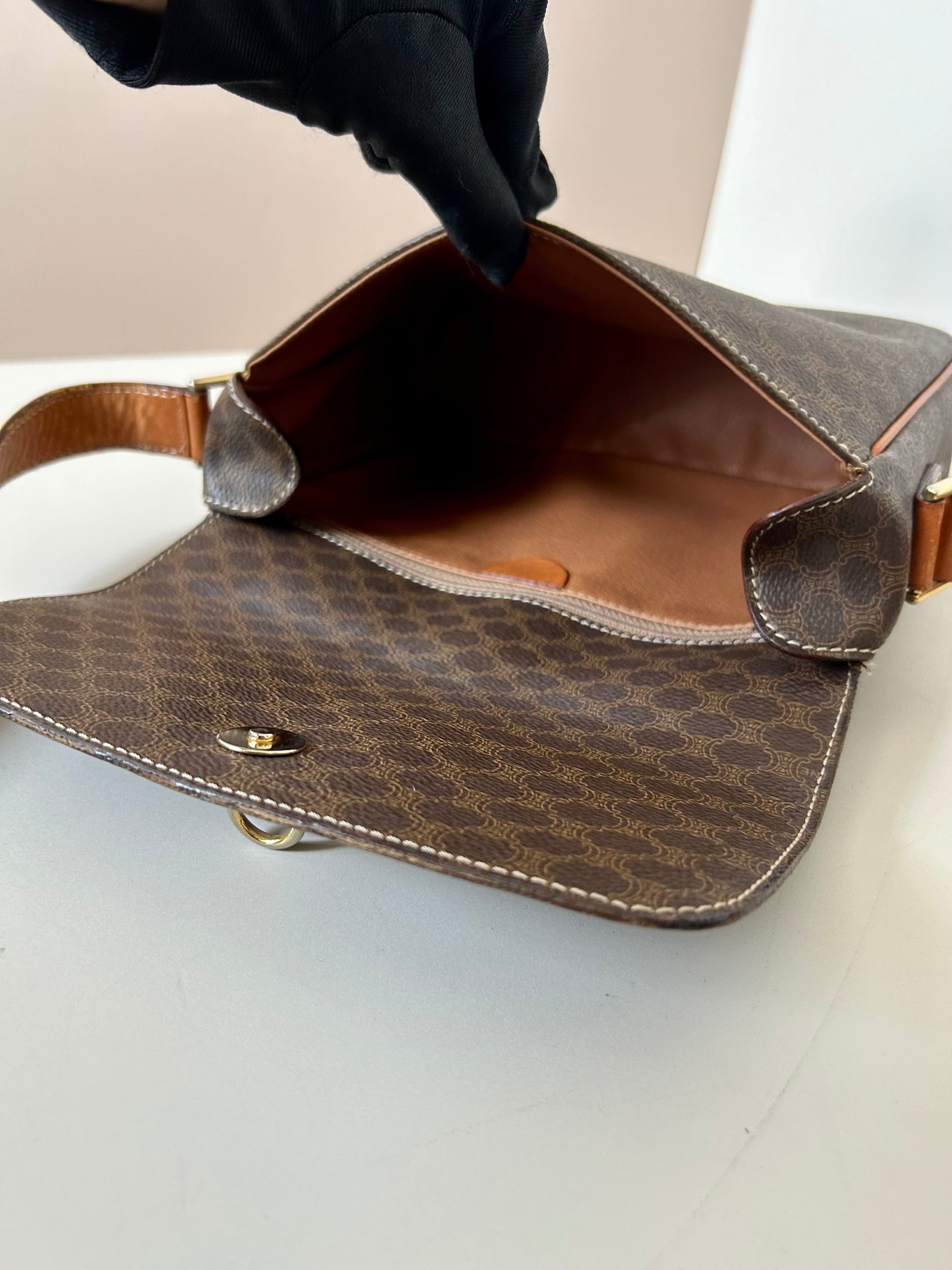 CELINE Brown Old Flower Leather Gold Buckle Small Tofu Box Bag/Side Bag/Messenger Bag