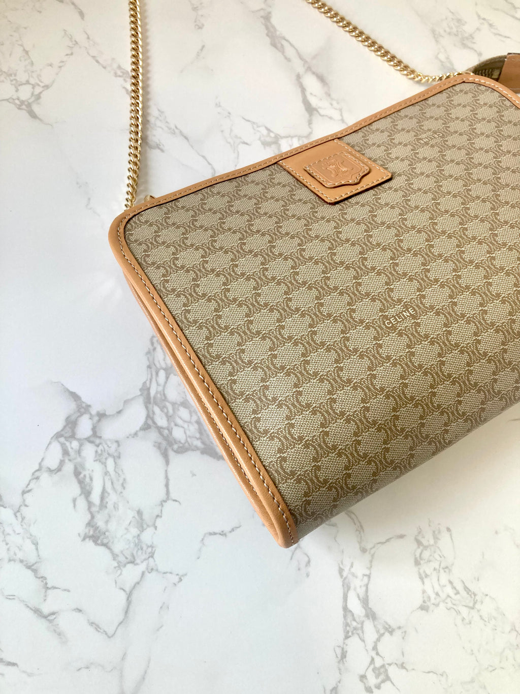 CELINE Beige Triomphe Monogram Chain Shoulder Bag