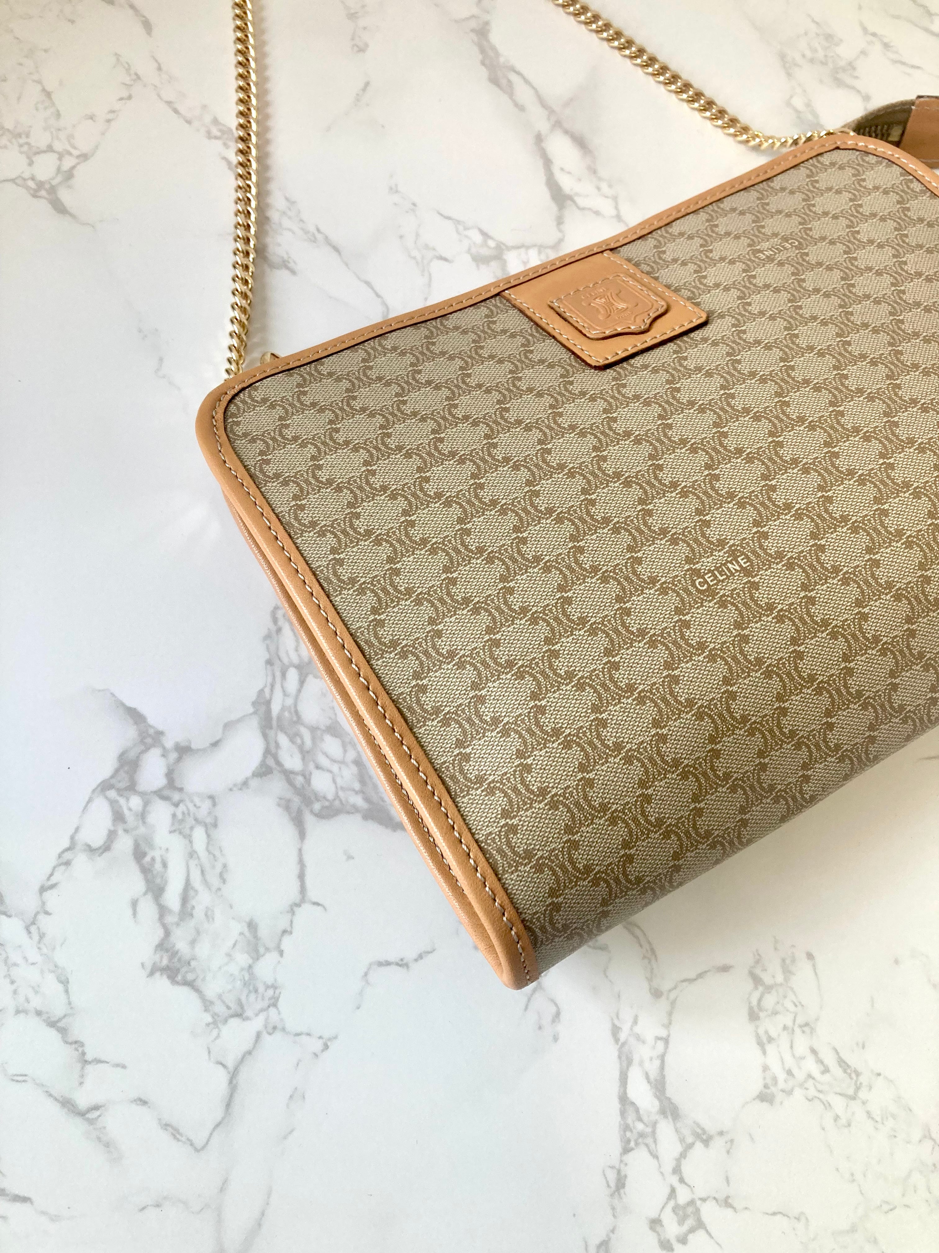 CELINE Beige Triomphe Monogram Chain Shoulder Bag