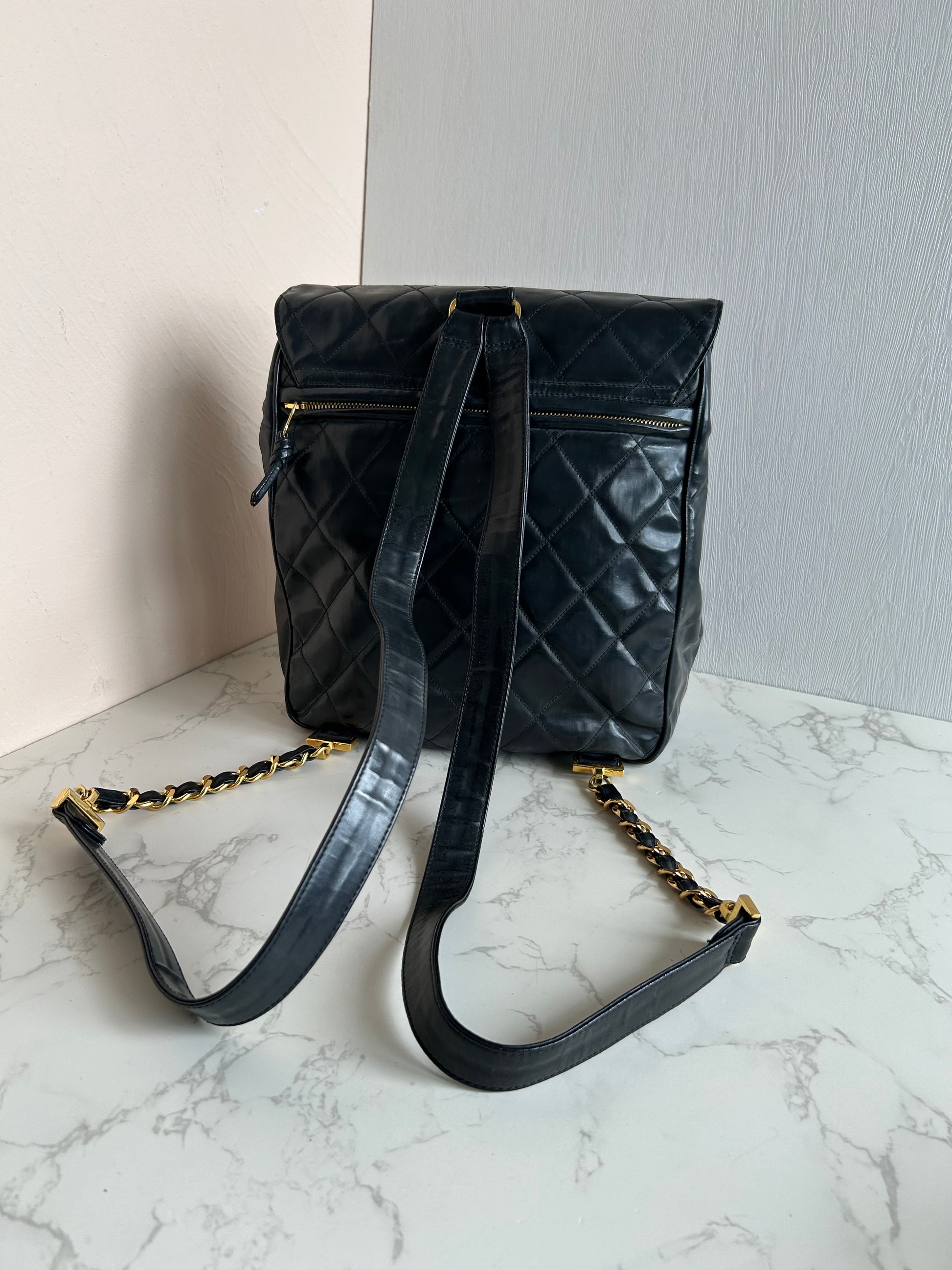 CHANEL Rare Large Gold Rotating Buckle Leather Chain Backpack