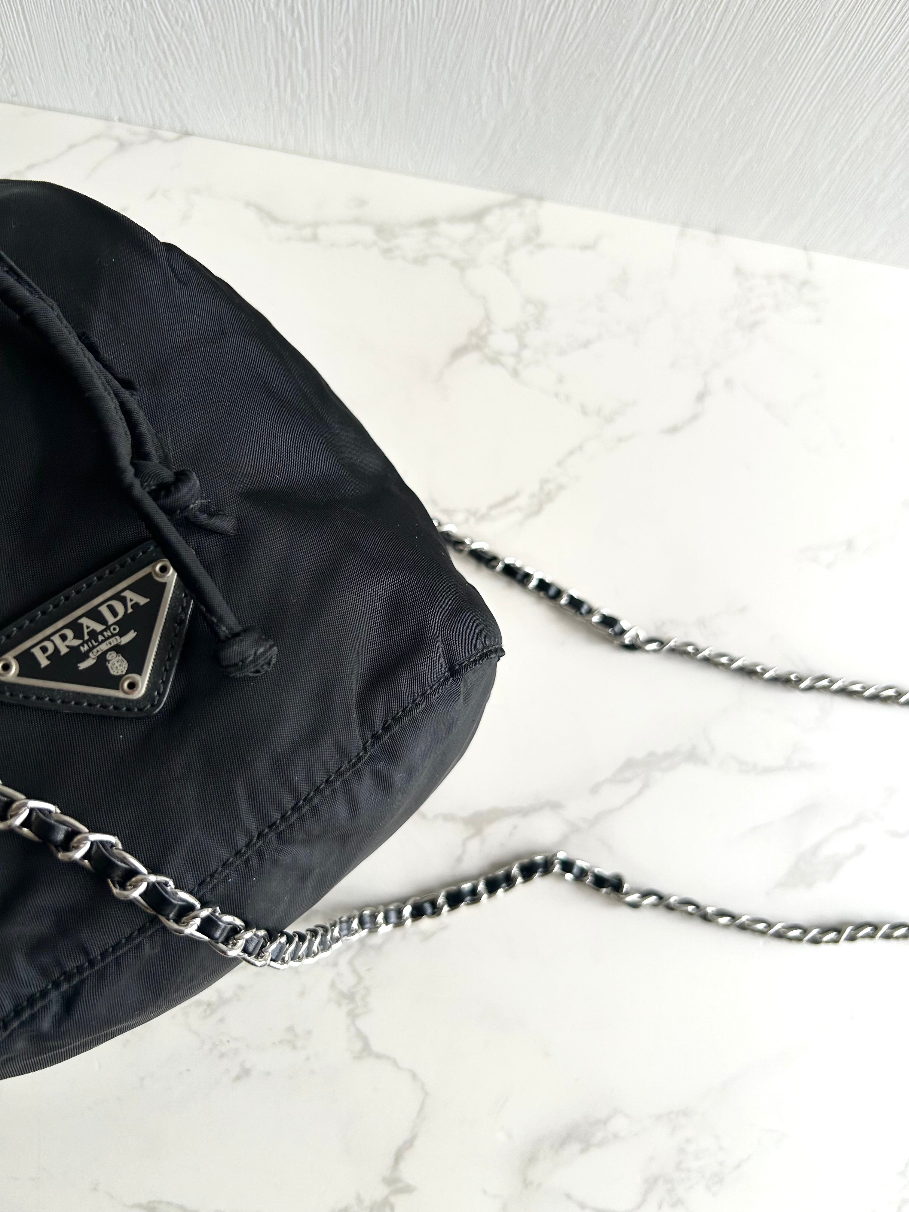 Used Prada Black and Silver Chain Mini Bucket Bag, Shoulder Bag, Crossbody Bag