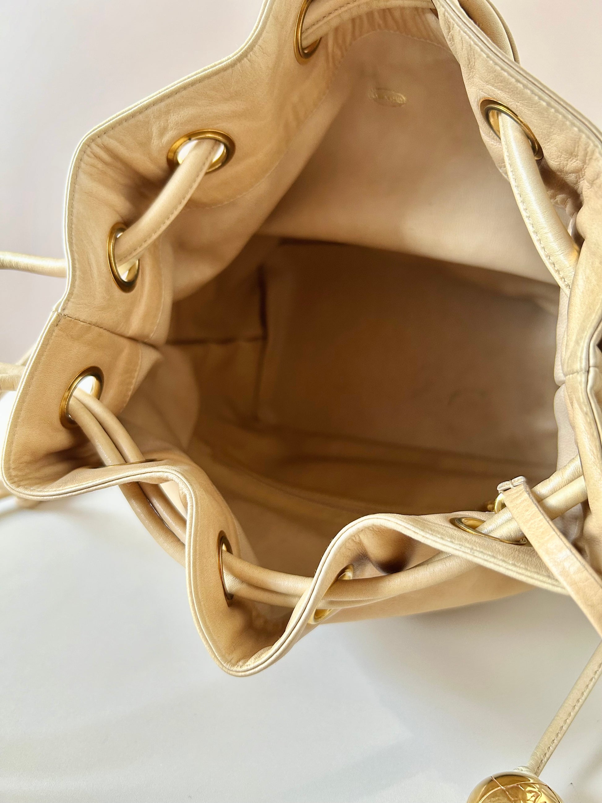 CHANEL rare beige lambskin double gold ball drawstring small bucket / side bag