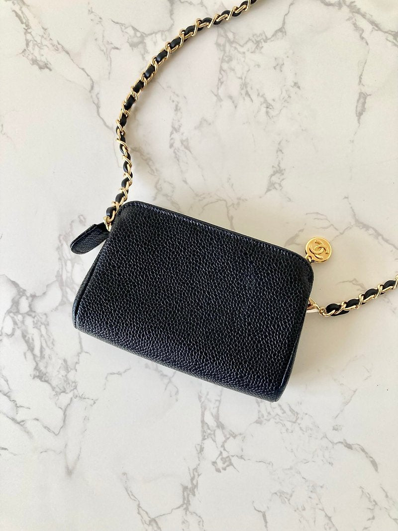 CHANEL Rare Black Caviar Leather Chain Small Bag/Side Bag/Messenger Bag/Clutch Bag