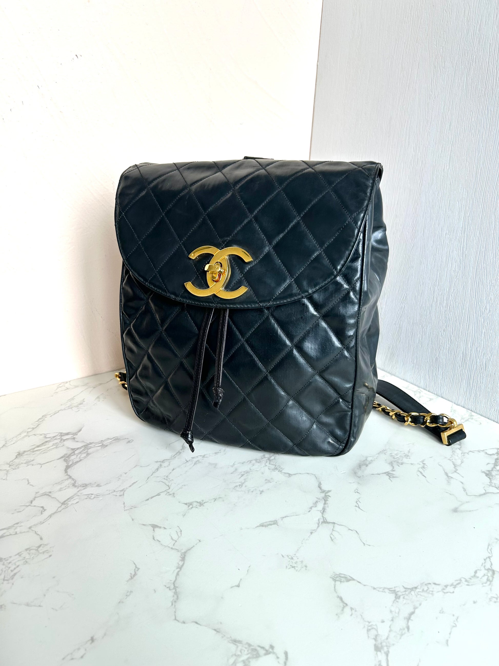 CHANEL Rare Large Gold Rotating Buckle Leather Chain Backpack