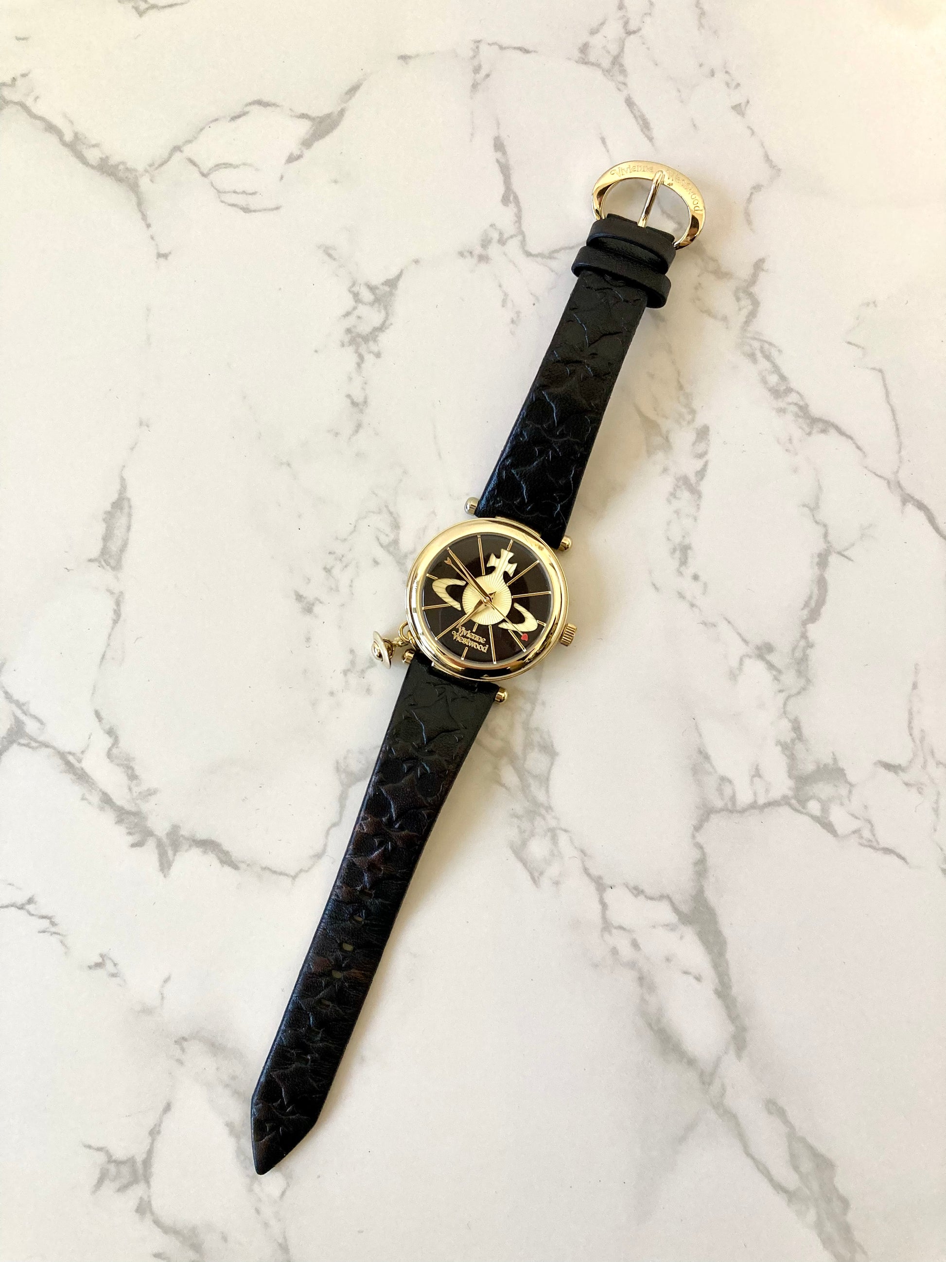 VIVIENNE WESTWOOD Black x Gold Unisex Quartz Watch with Planet Accessory