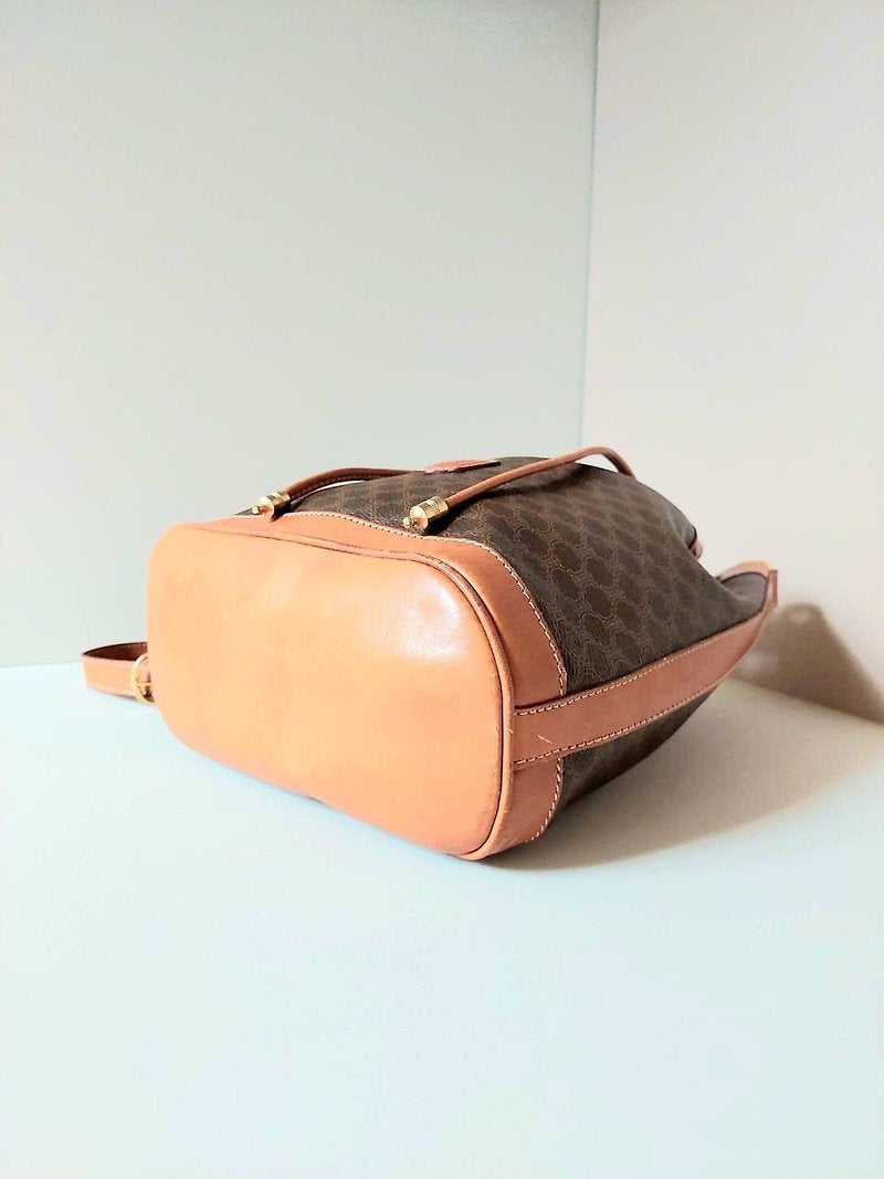CELINE Brown Old Flower Leather Drawstring Bucket Side Backpack / Shoulder Bag