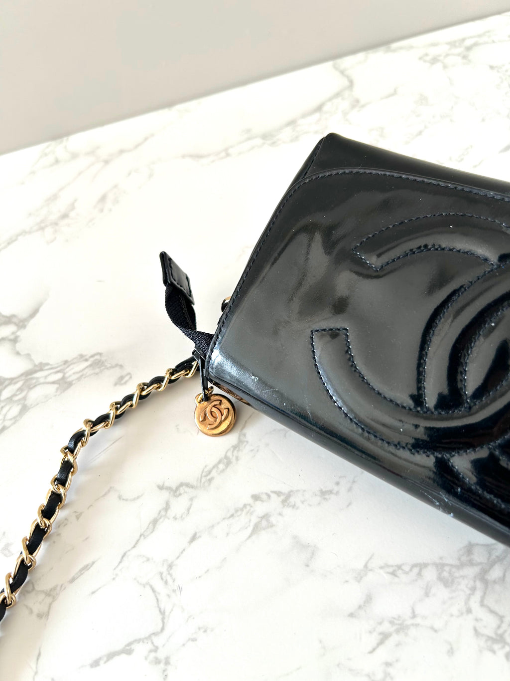 CHANEL Rare Black Patent Leather WOC with Mirror / Side Bag / Crossbody Bag