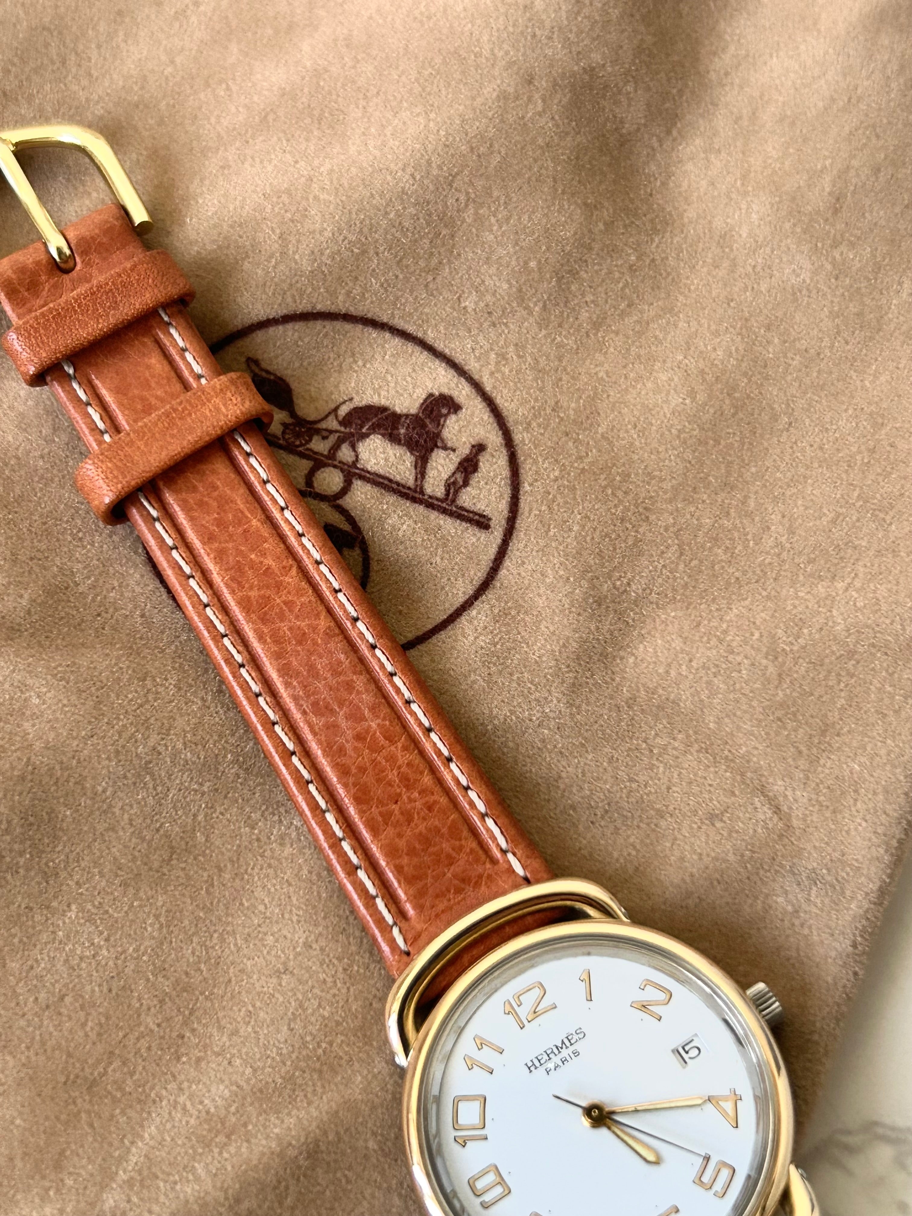 HERMES Pullman Gold Buckle Brown Belt Men's and Women's Antique Watch/Watch