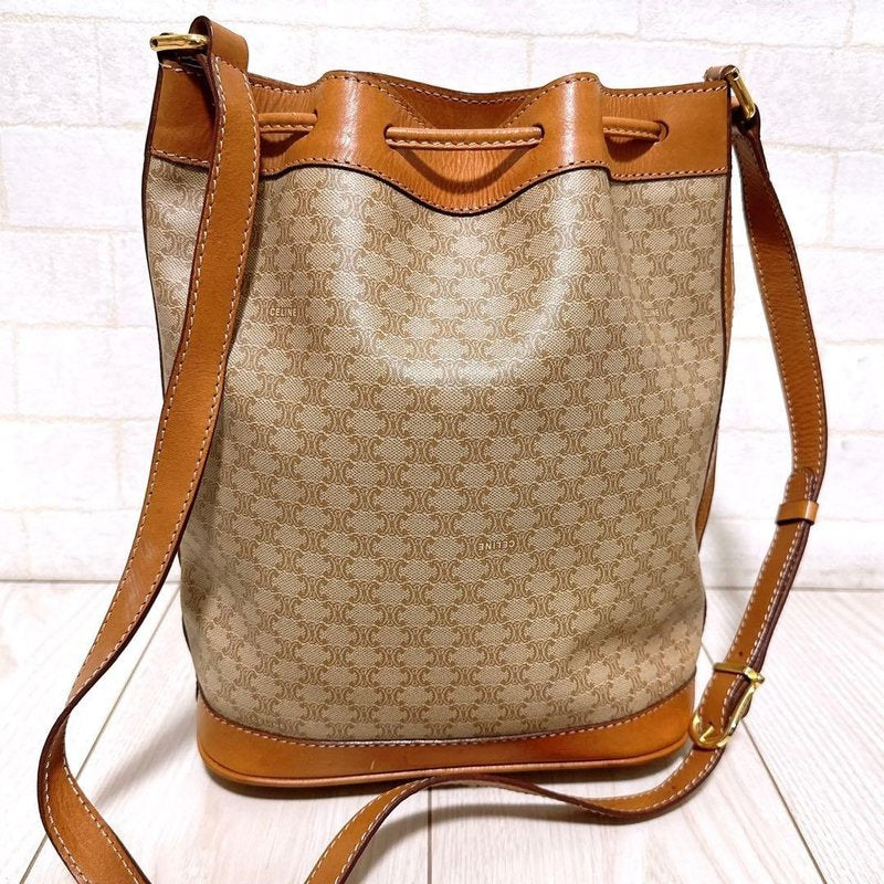 Celine米啡色老花中古水桶包/單肩包/斜背包