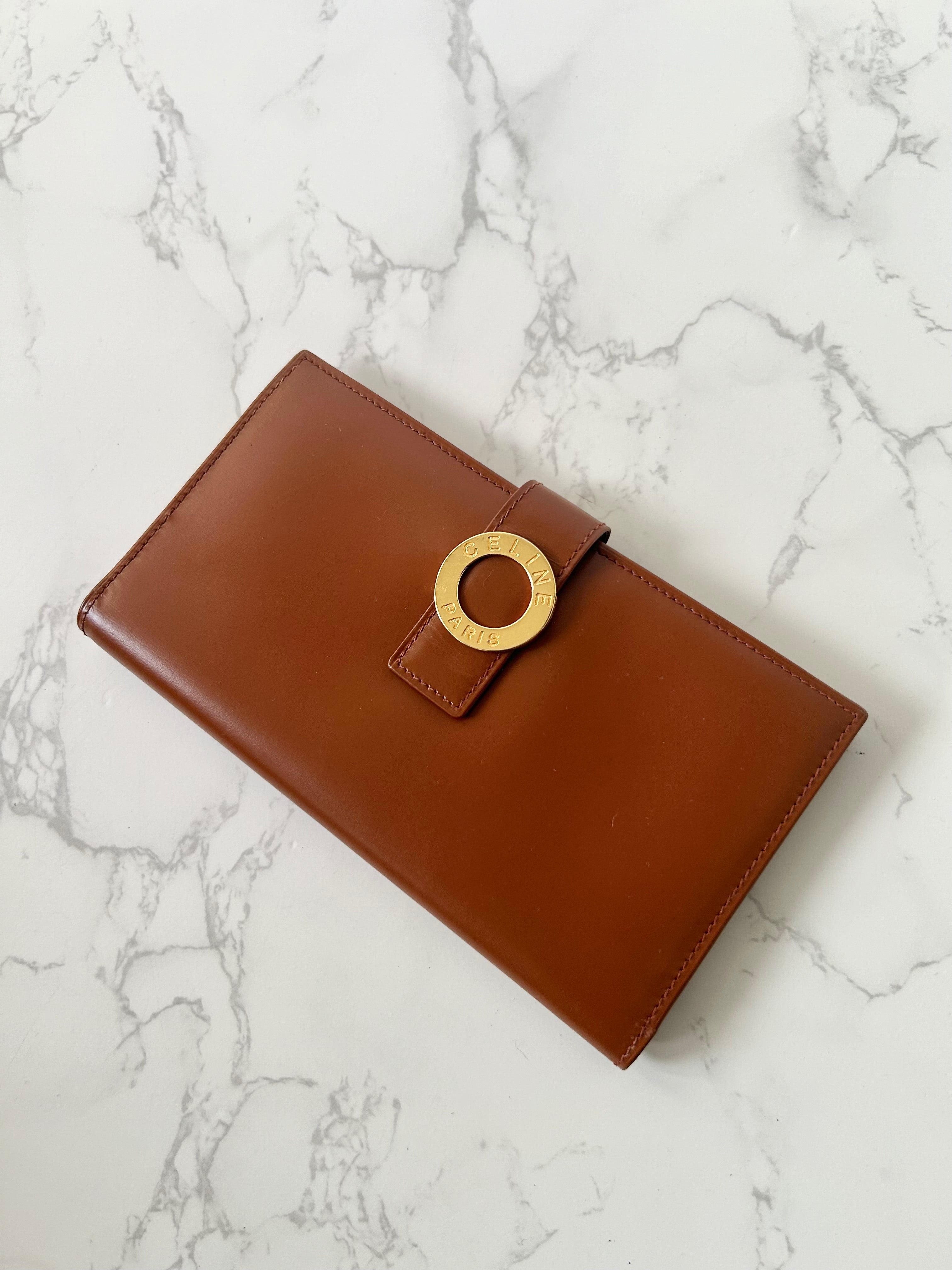 CELINE Brown Gold Ring Leather Long Wallet / Wallet