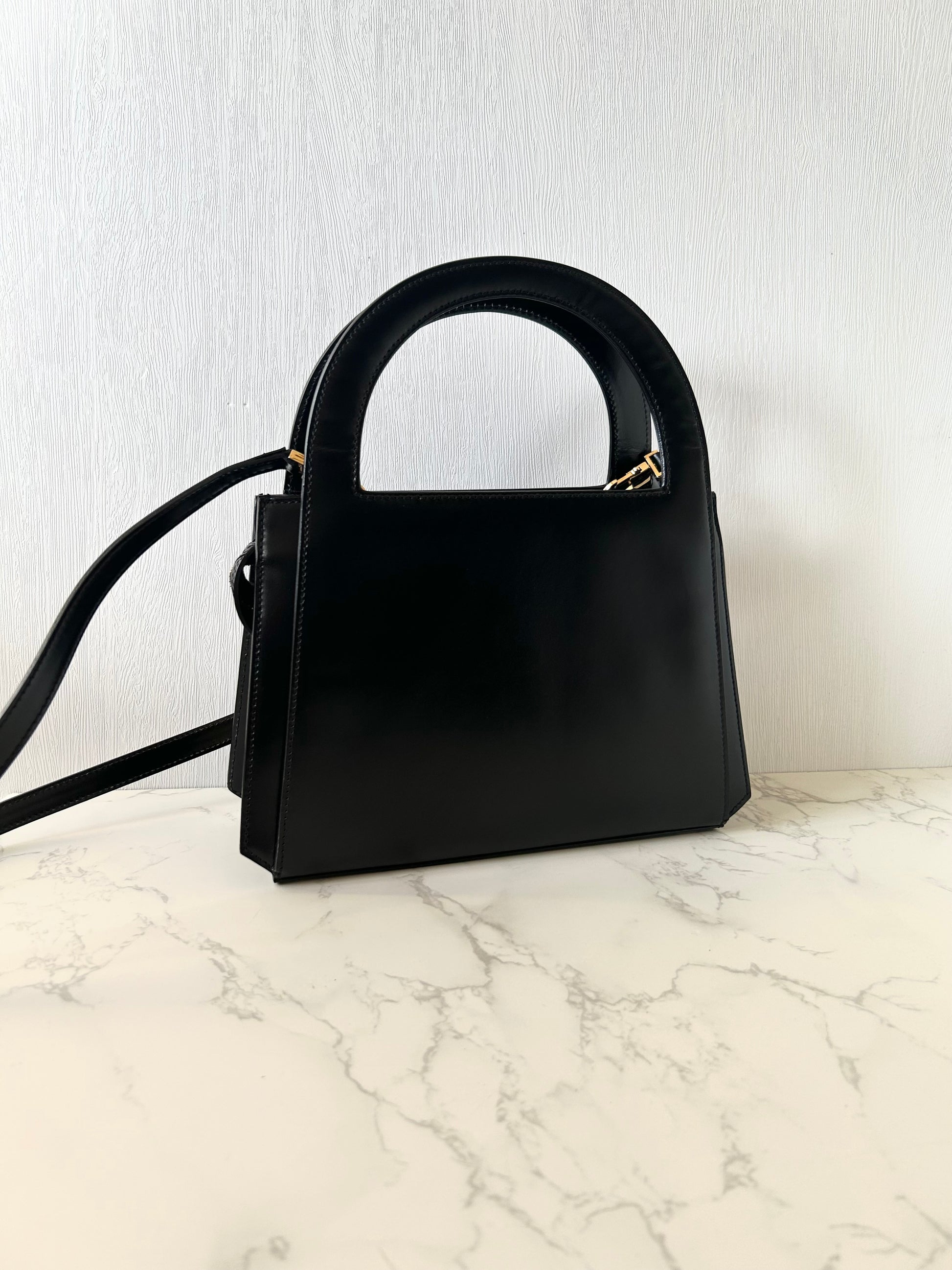 CELINE Rare Planet Black Gold Leather Kelly Handbag/Side Bag/Messenger Bag