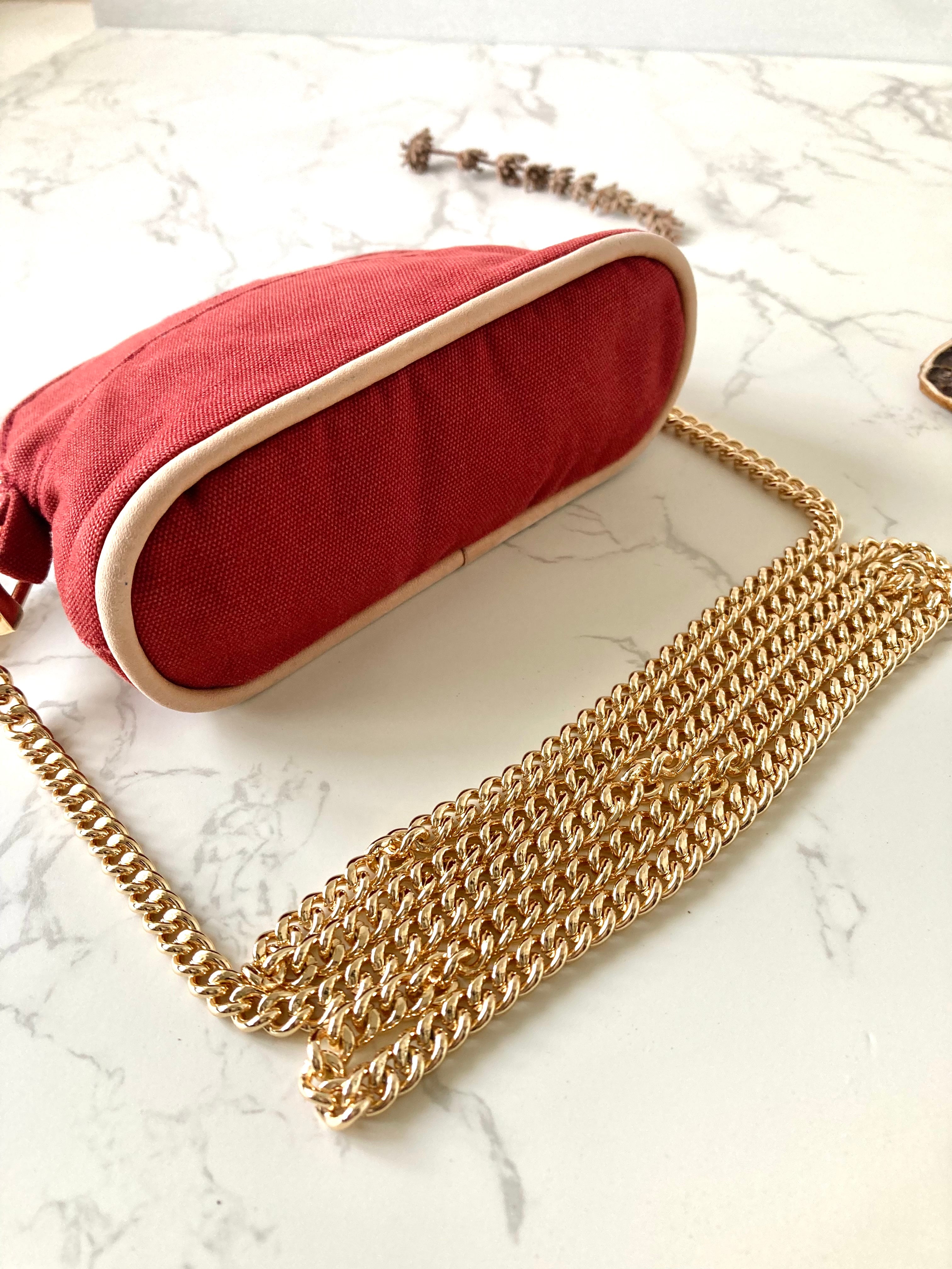 HERMES light red canvas leather with chain small bag/clutch bag/side bag/underarm bag