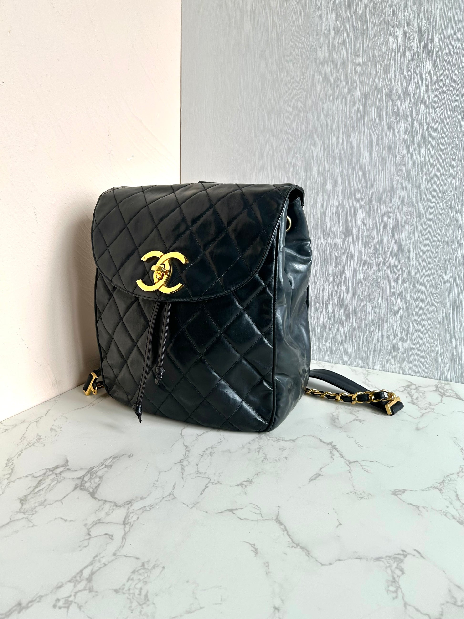 CHANEL Rare Large Gold Rotating Buckle Leather Chain Backpack