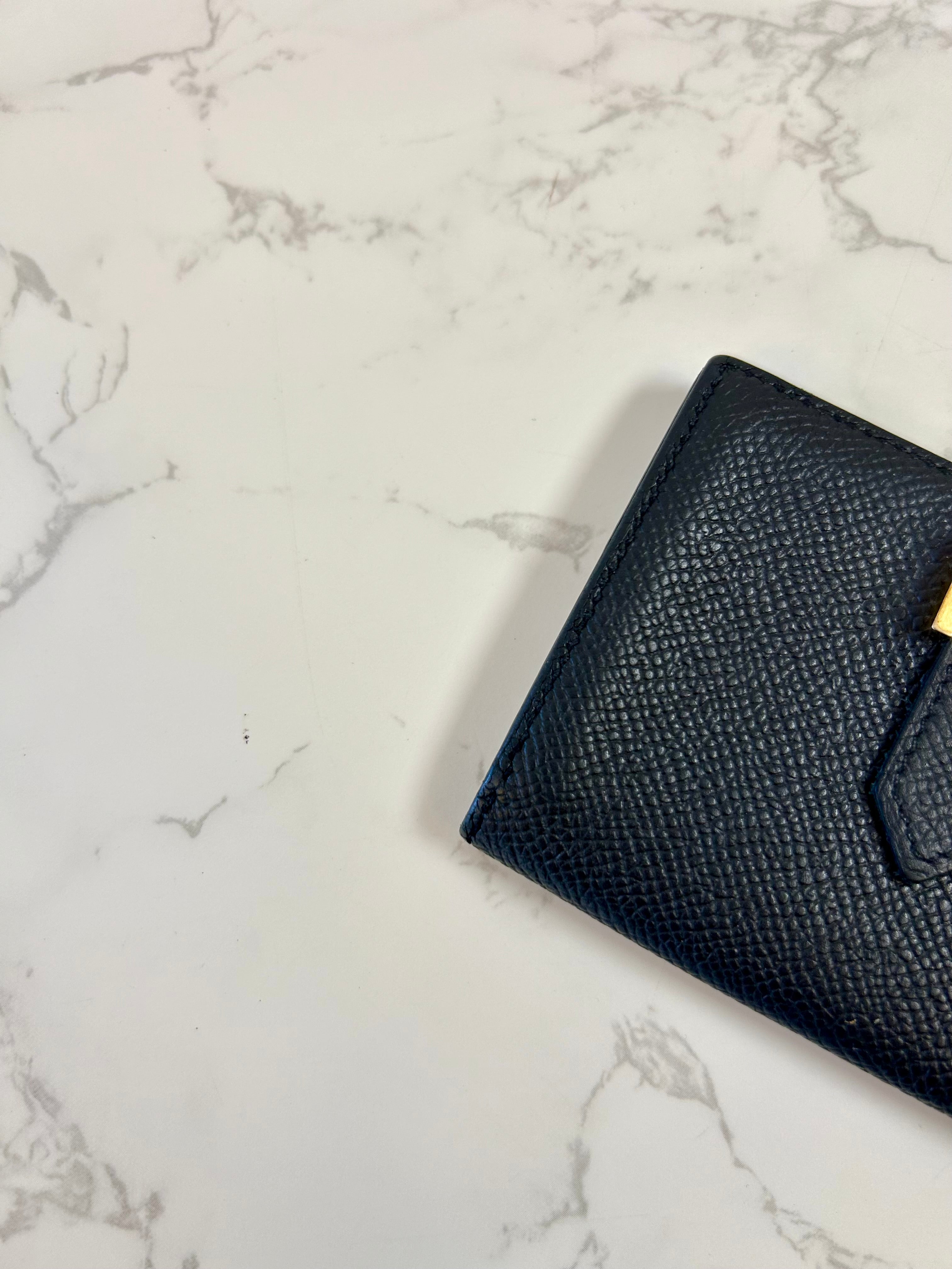 HERMES Bearn Black Gold Buckle Lambskin Leather Short Wallet/Card Case/Wallet/Wallet