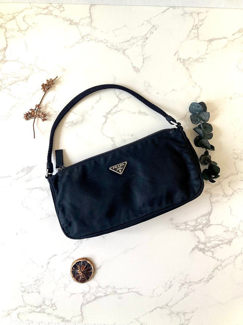 PRADA 經典黑色銀三角簡約小包/手提袋/手挽袋