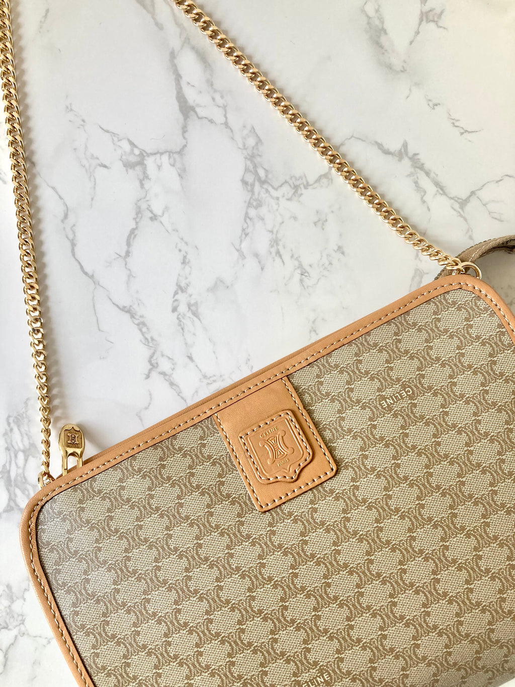 CELINE Beige Triomphe Monogram Chain Shoulder Bag