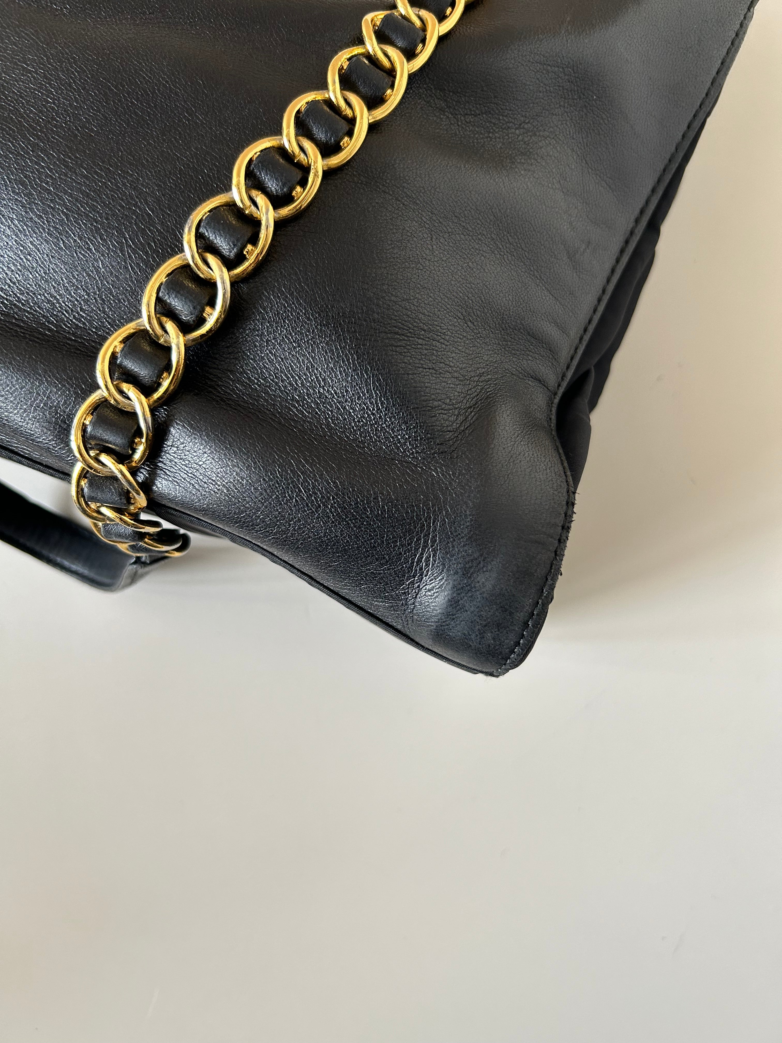PRADA rare black engraved gold chain tote shoulder bag / side bag