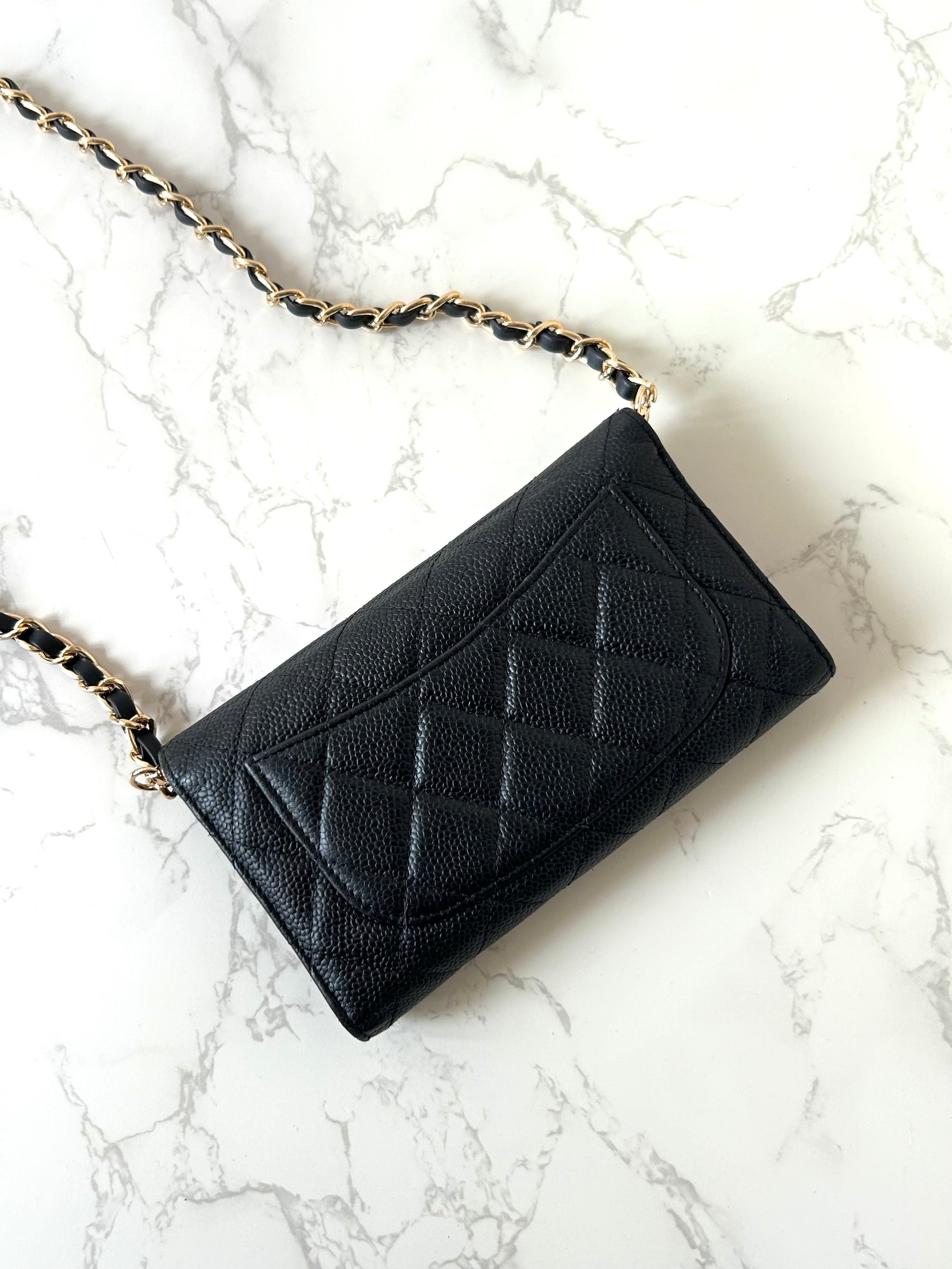 CHANEL Black Caviar Leather Gold Label WOC Long Wallet / Side Bag / Crossbody Bag