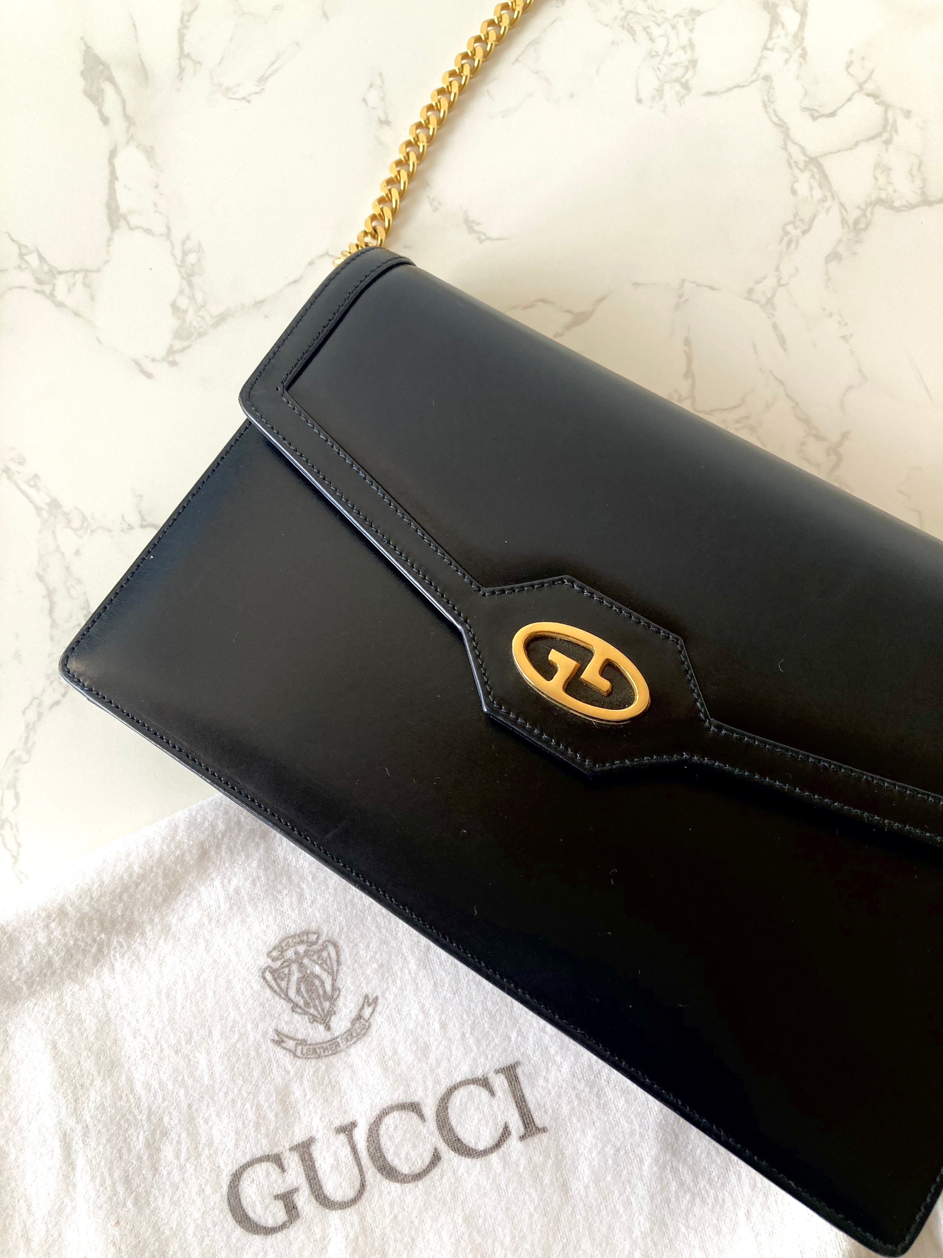GUCCI Black x Gold Calf Leather Envelope Crossbody Chain Bag