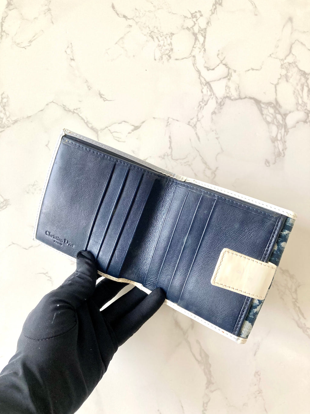 CHRISTIAN DIOR White x Navy Trotter Monogram Compact Wallet
