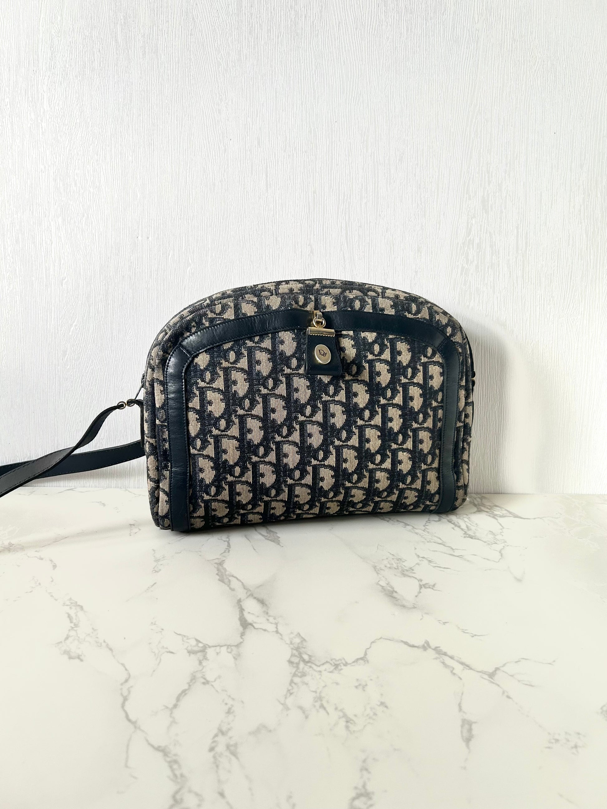 CHRISTIAN DIOR dark blue monogram shoulder bag/side bag/oblique bag