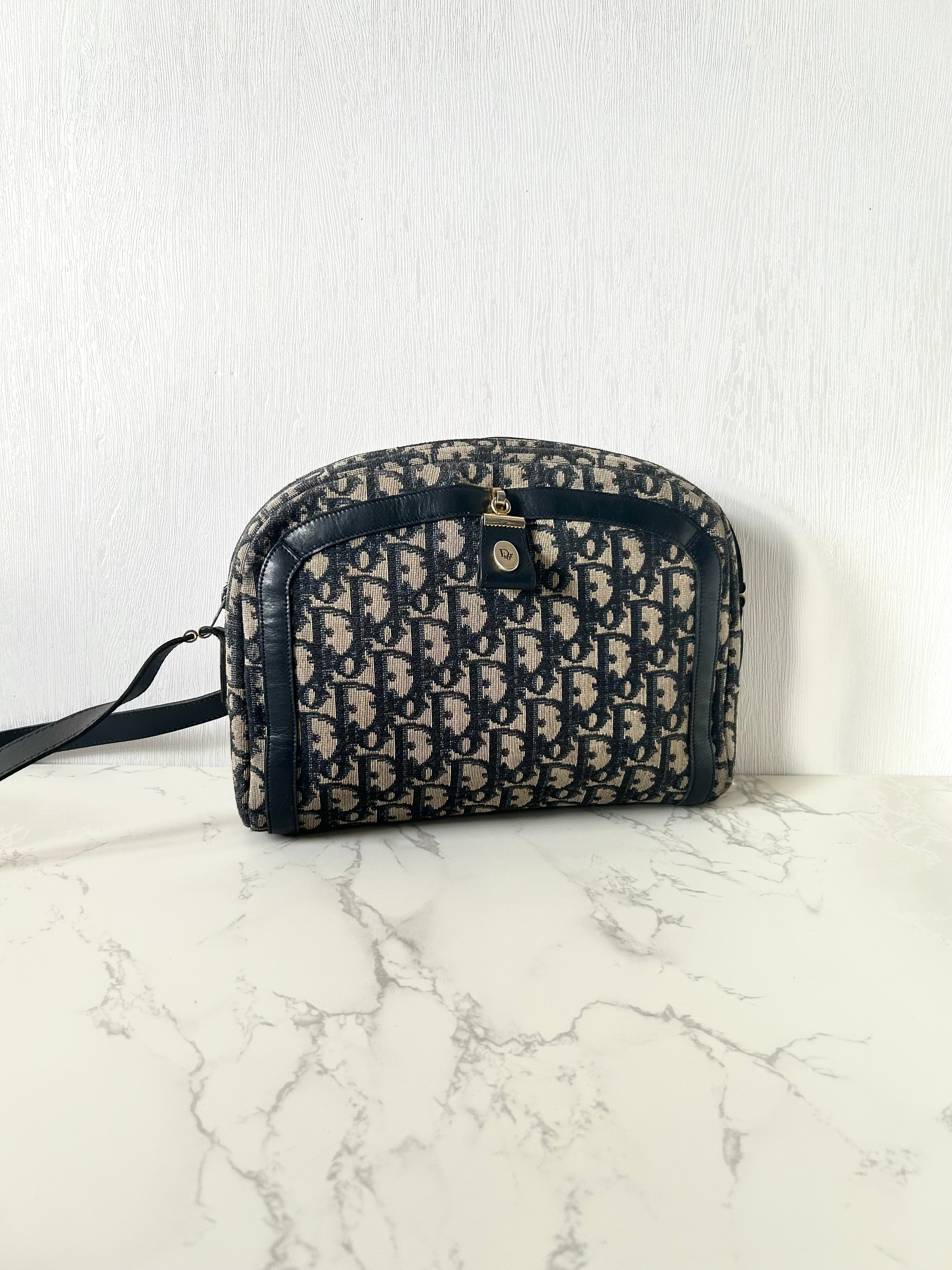 CHRISTIAN DIOR dark blue monogram shoulder bag/side bag/oblique bag
