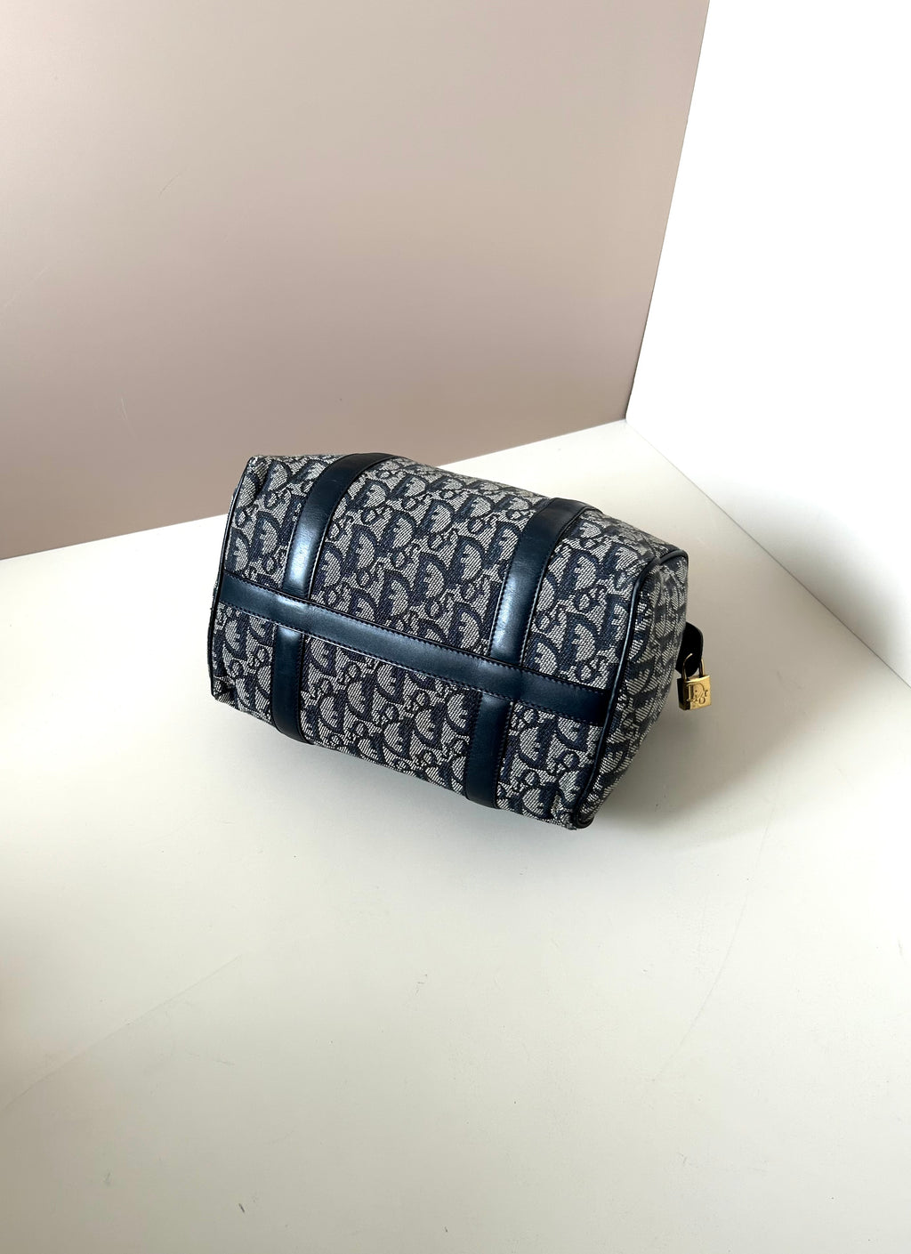 CHRISTIAN DIOR 稀有深藍色老花皮革小波士頓圓桶包/手提包
