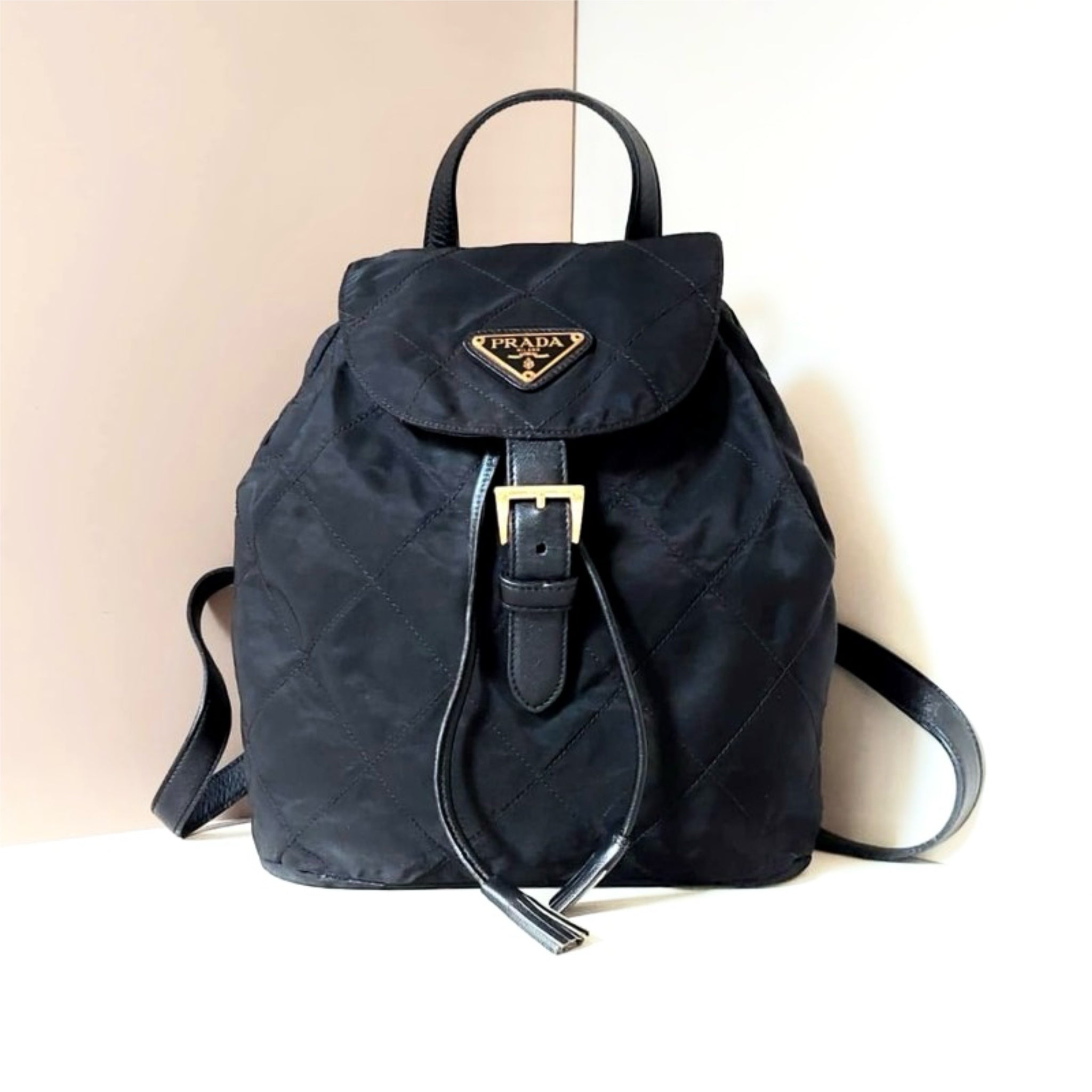 PRADA black gold triangle check nylon men's and women's backpack/backpack