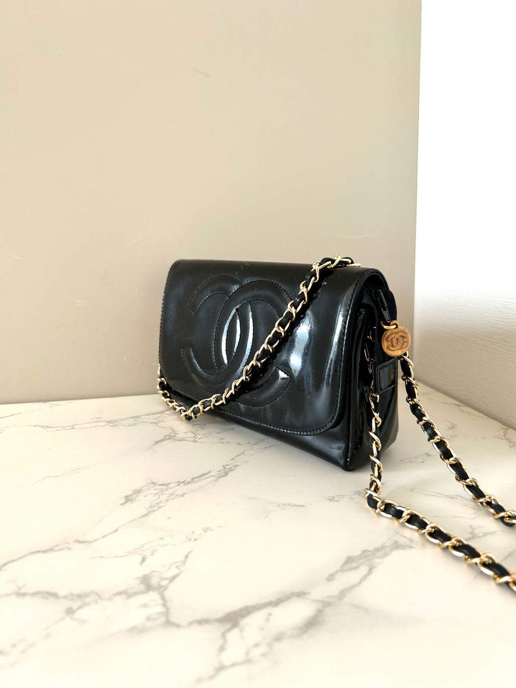 CHANEL Rare Black Patent Leather WOC with Mirror / Side Bag / Crossbody Bag