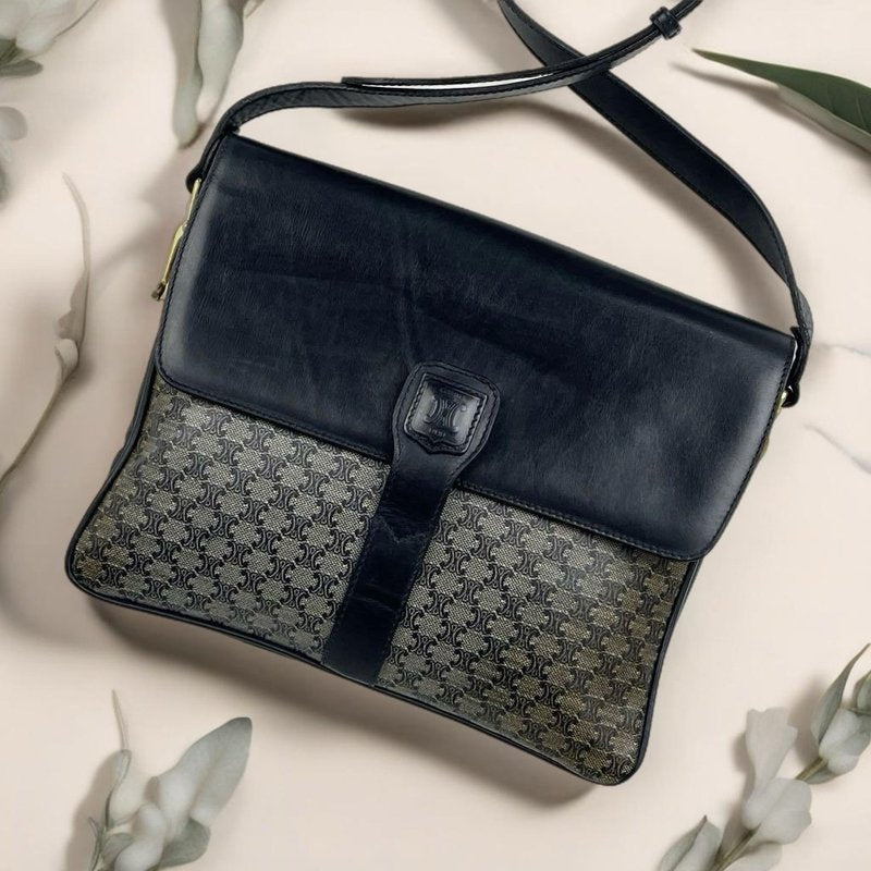 CELINE rare black and gray old flower tofu bag / side bag / oblique bag