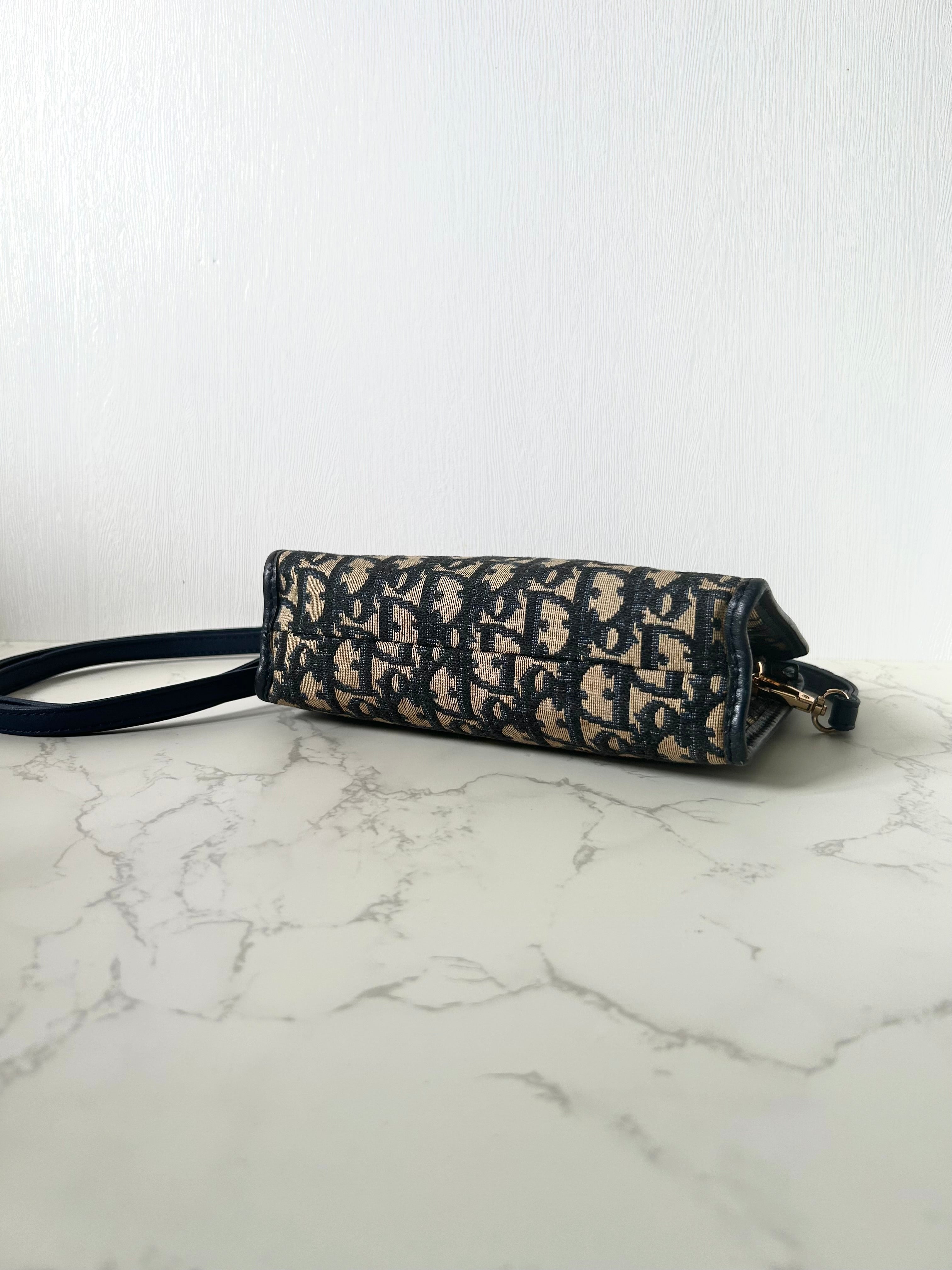 CHRISTIAN DIOR dark blue and black monogram shoulder bag / side bag / oblique bag