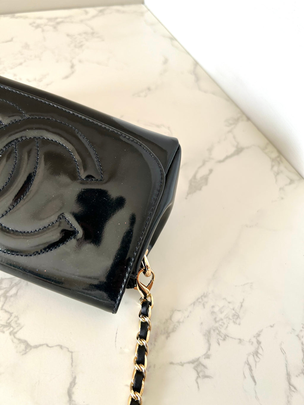 CHANEL Rare Black Patent Leather WOC with Mirror / Side Bag / Crossbody Bag