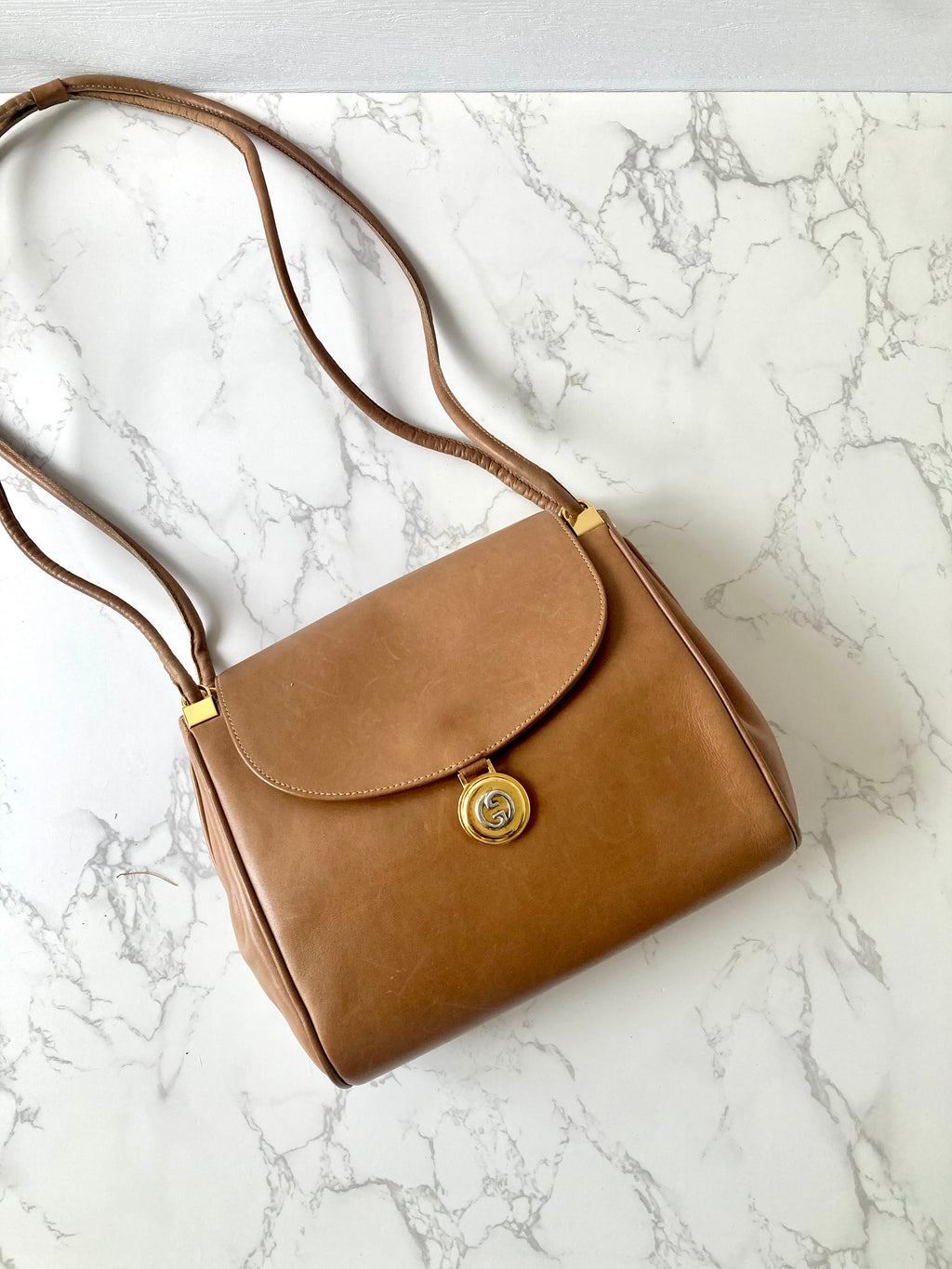 GUCCI Rare Caramel Brown x Gold Coin Leather Shoulder Bag