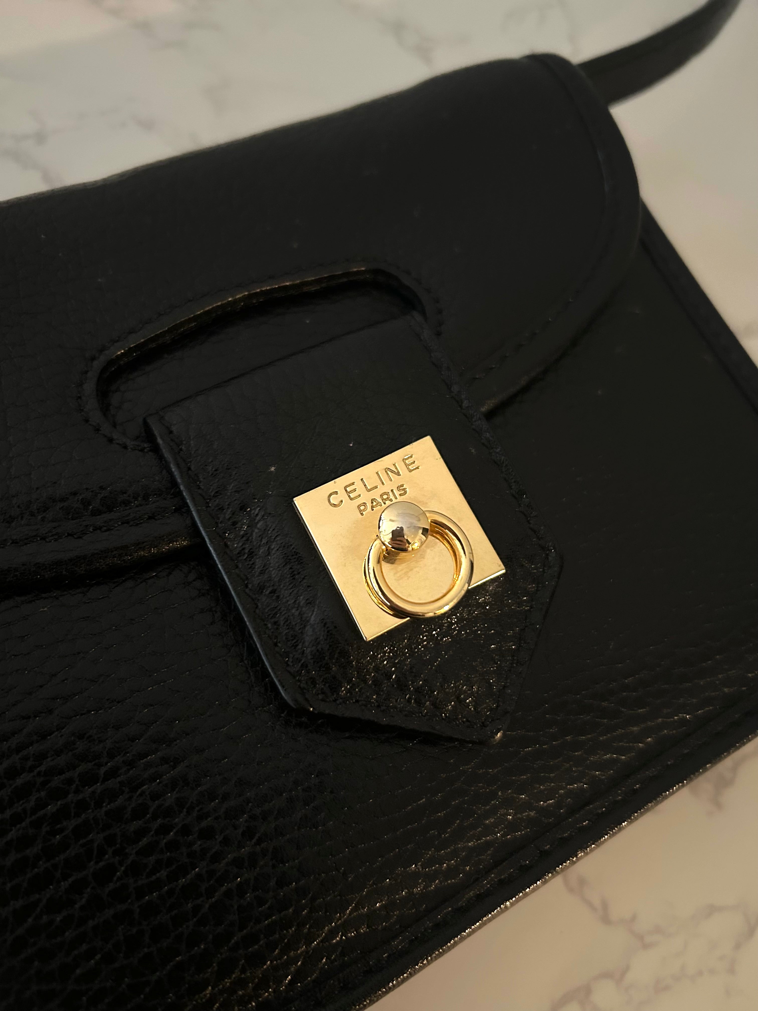 CELINE rare black gold buckle small box leather shoulder bag / crossbody bag