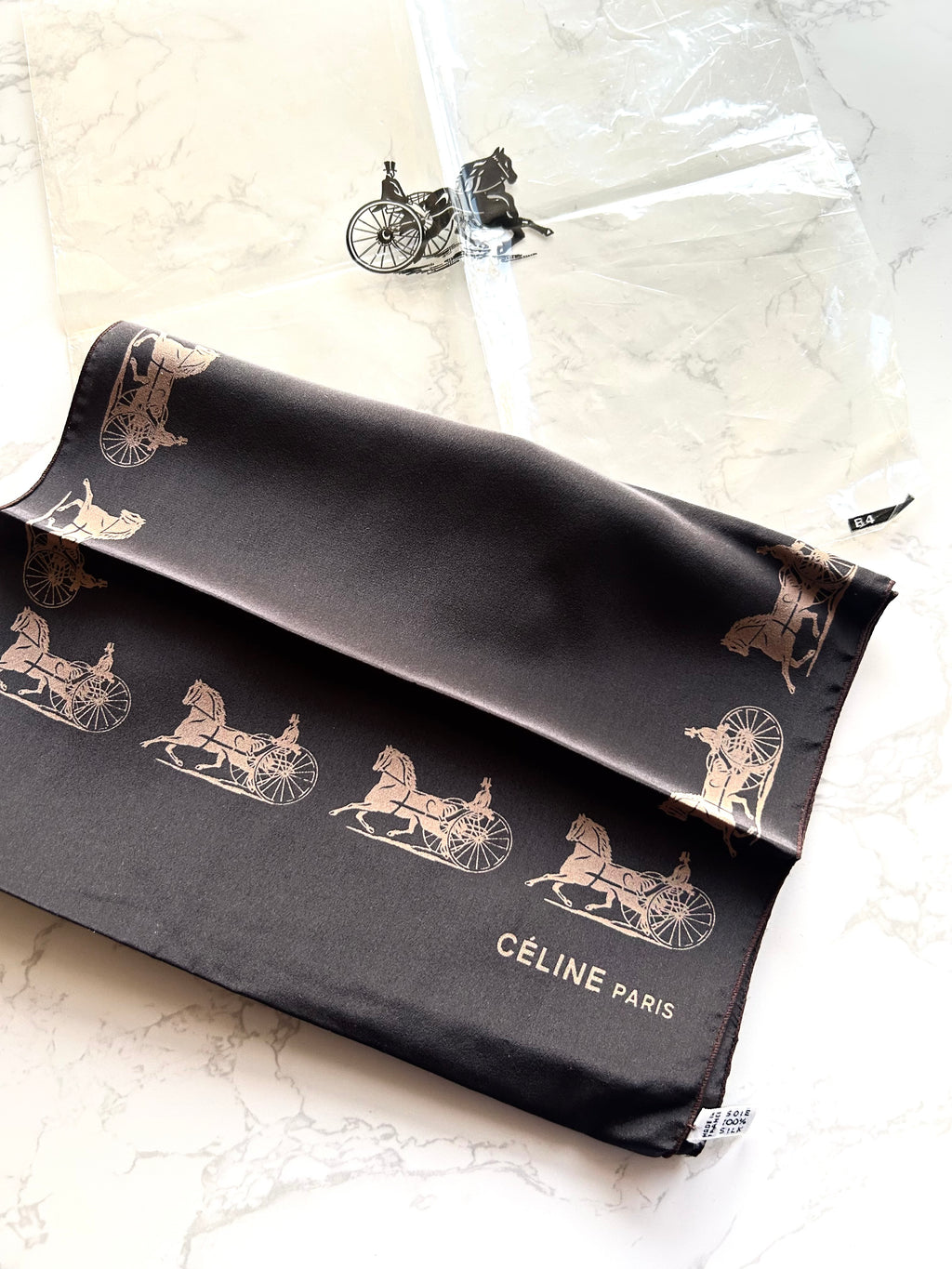 CELINE Dark Brown Carriage Print Silk Scarf/Shawl · New Year Gift