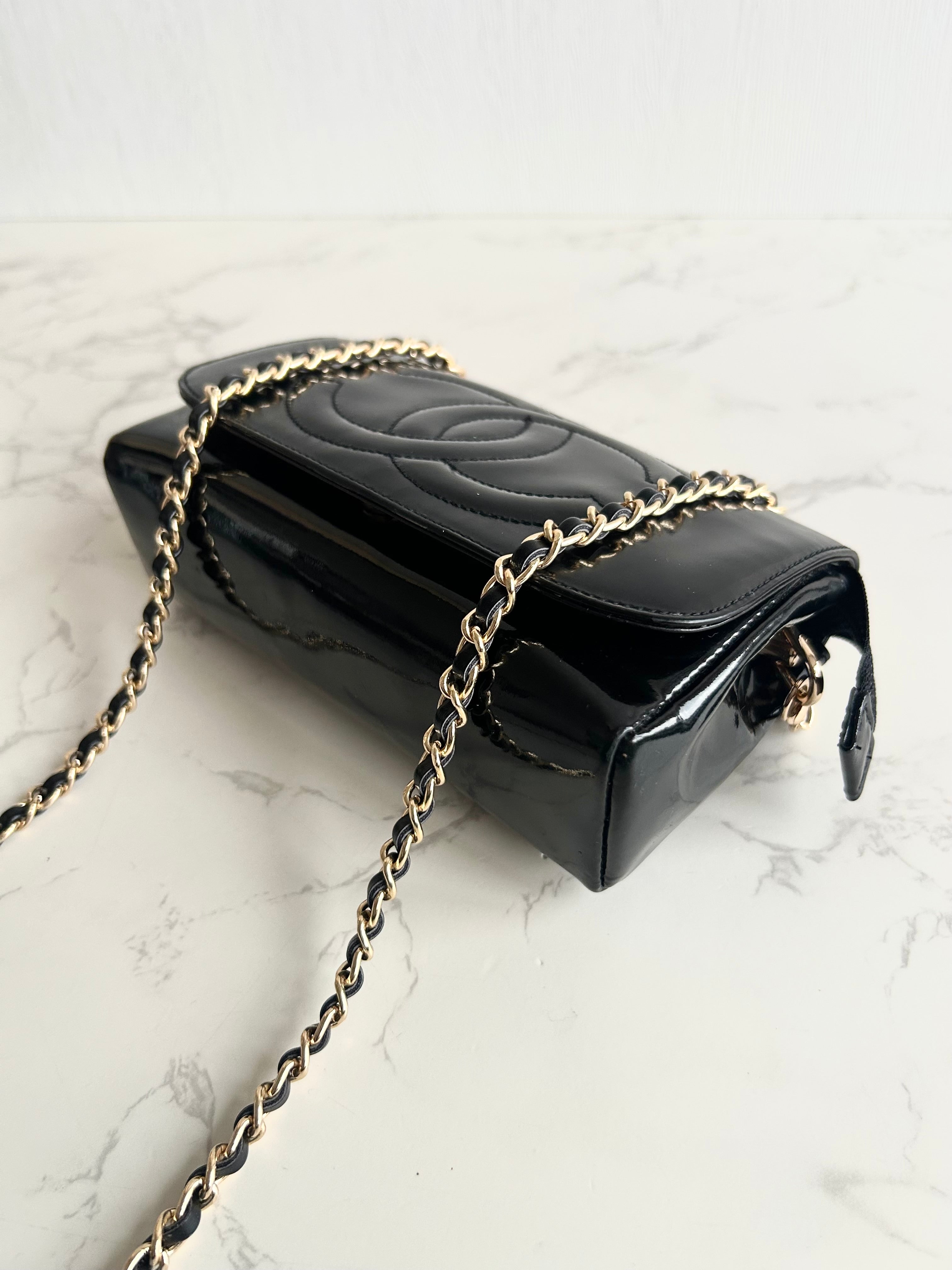 Rare Used Chanel Black and Gold Two-Way Crossbody Bag with Mirror
