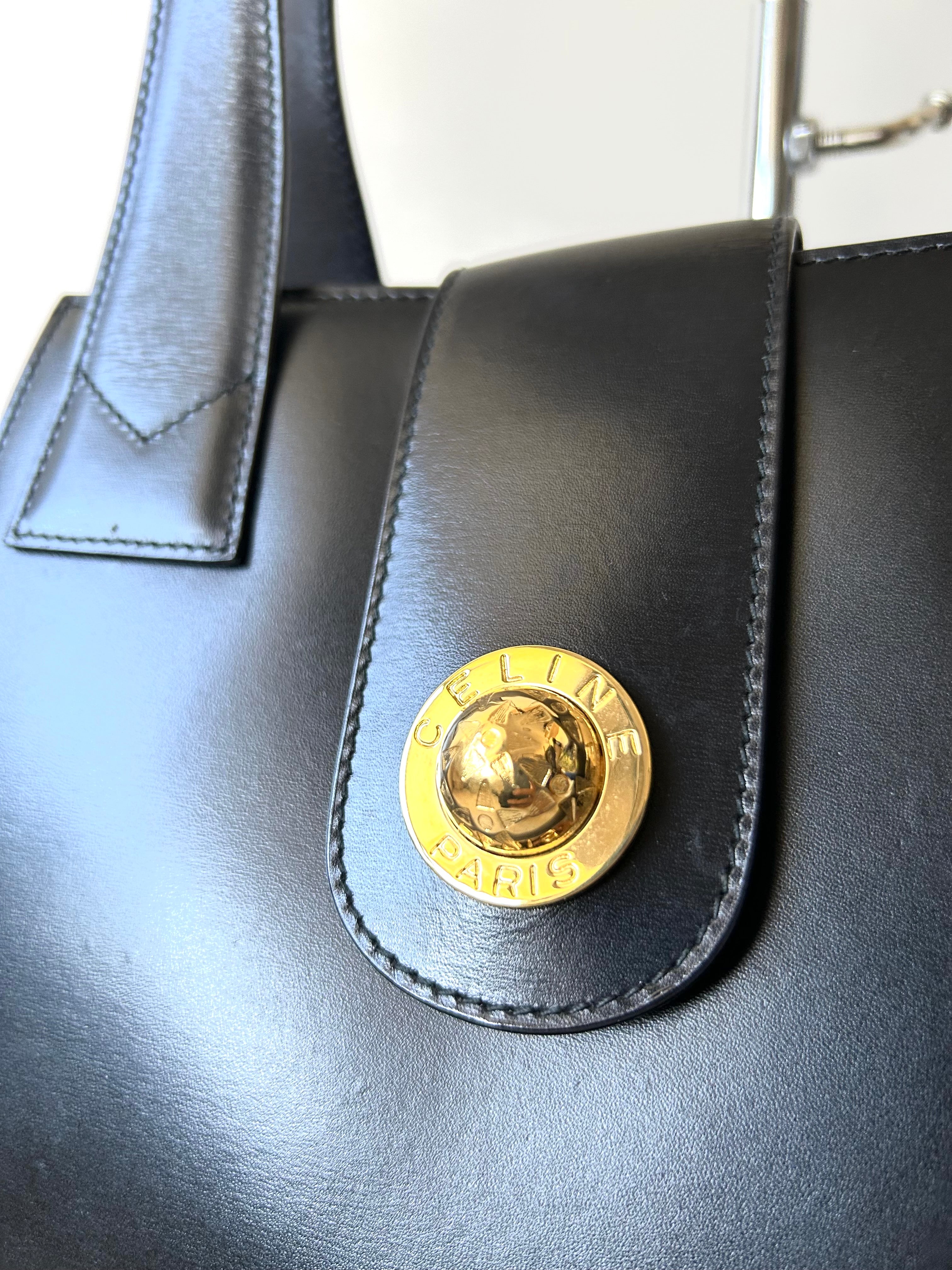 CELINE rare black and gold planet tote accordion bag / side backpack
