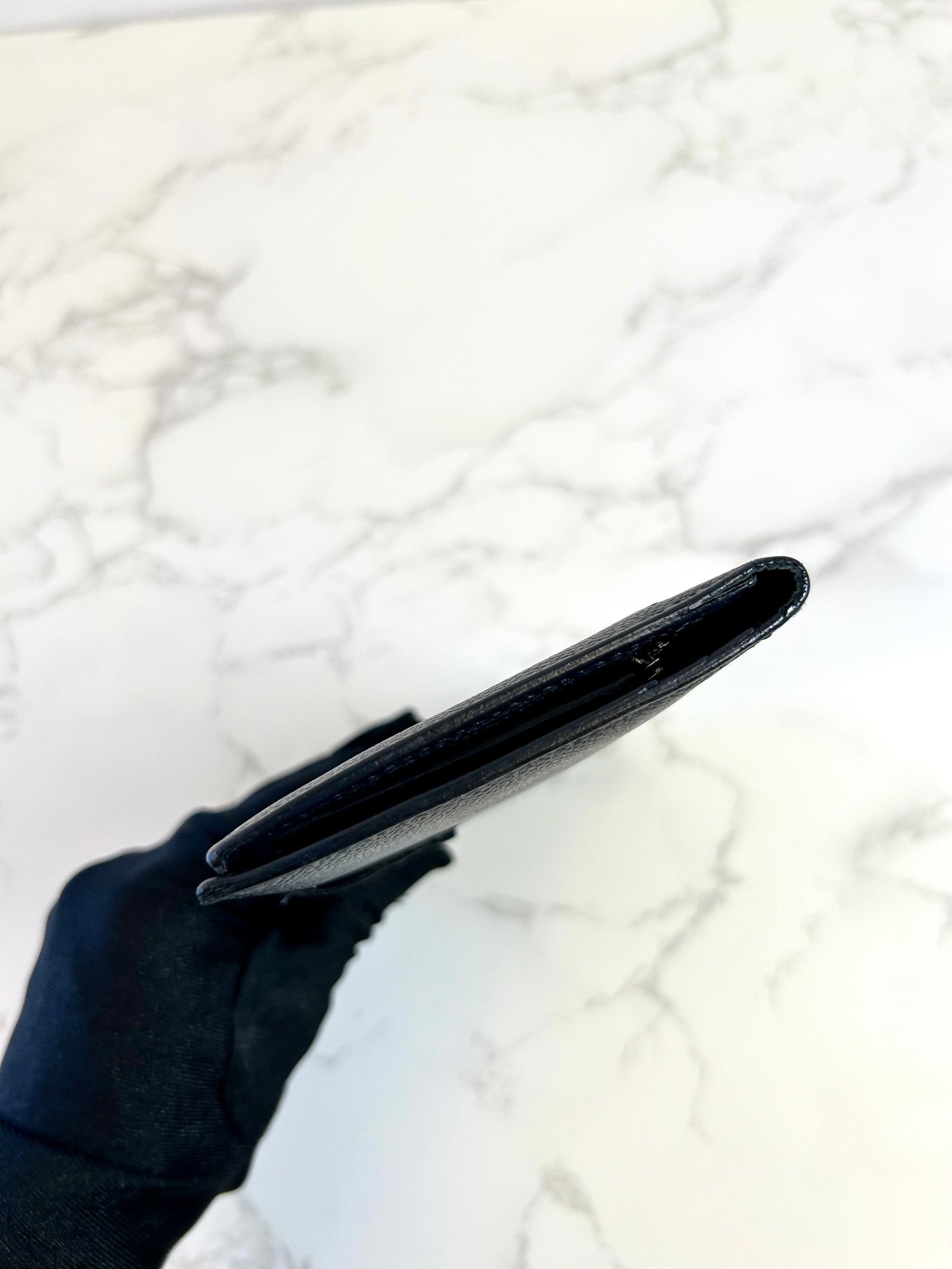 HERMES Bearn Black Silver Buckle Lambskin Leather Long Wallet/Wallet