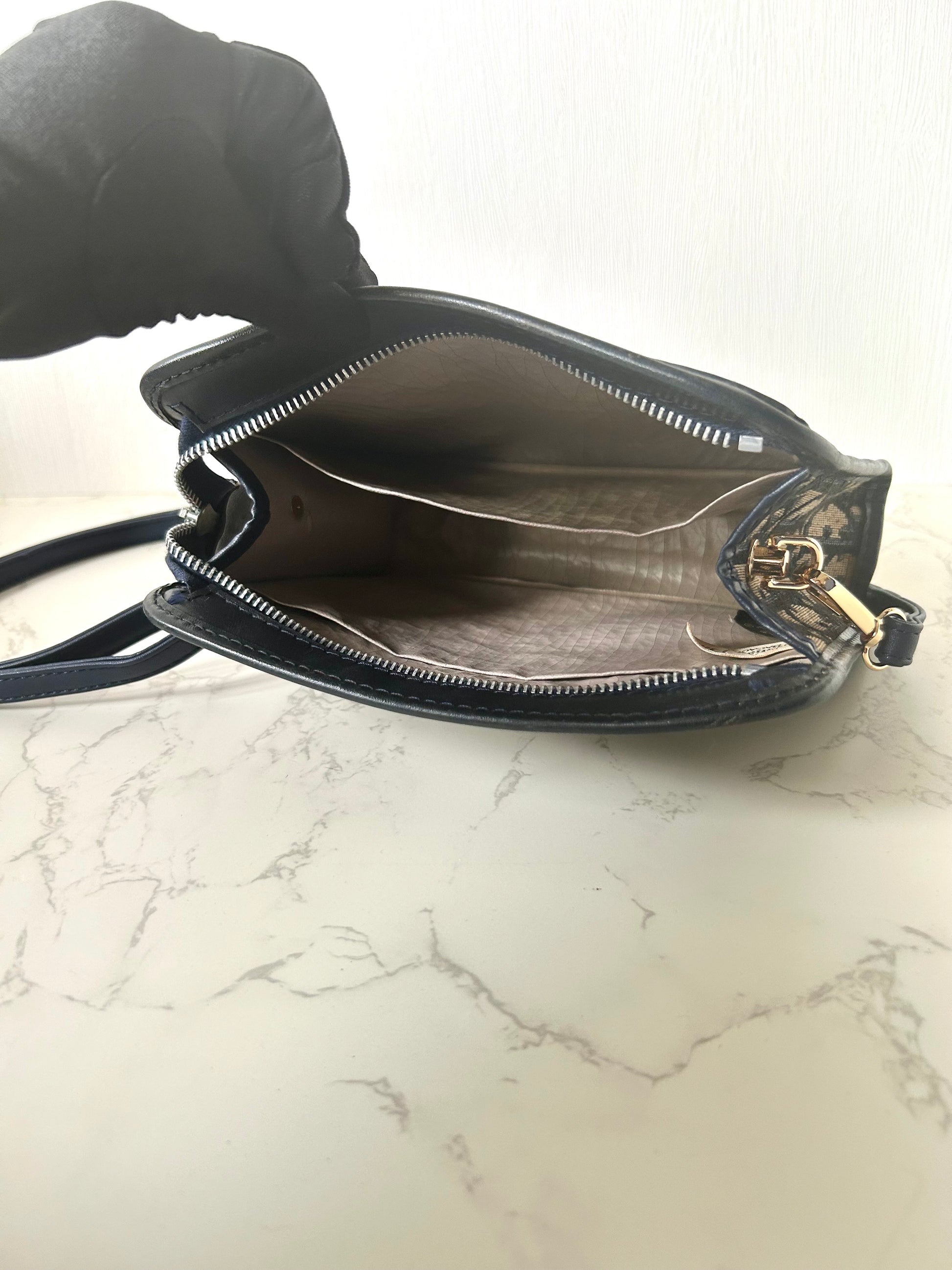 CHRISTIAN DIOR dark blue and black monogram shoulder bag / side bag / oblique bag